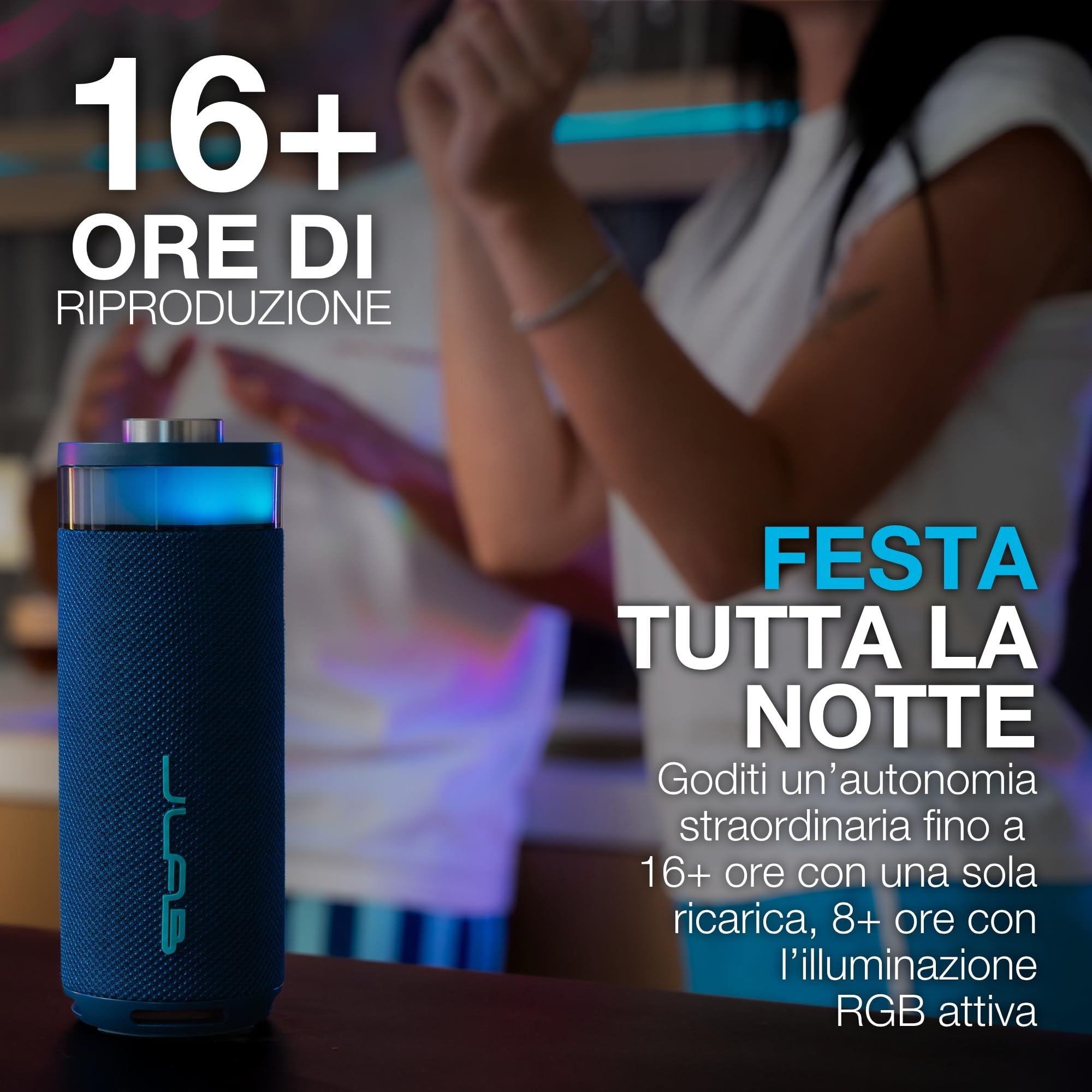 JLab Go Party Cassa Bluetooth Portatile con 16+ ore di riproduzione - Altoparlante Wireless da 10W per Esterni e Viaggi con Luci RGB e Audio Potente, Resistente all'Acqua IP56, Blu Navy