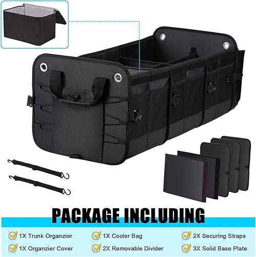 Miniatura 6 de Organizador grande de maletero para automóvil, SUV, camión con bolsa enfriadora extraíble, múltiples compartimentos plegables con cubierta plegable,