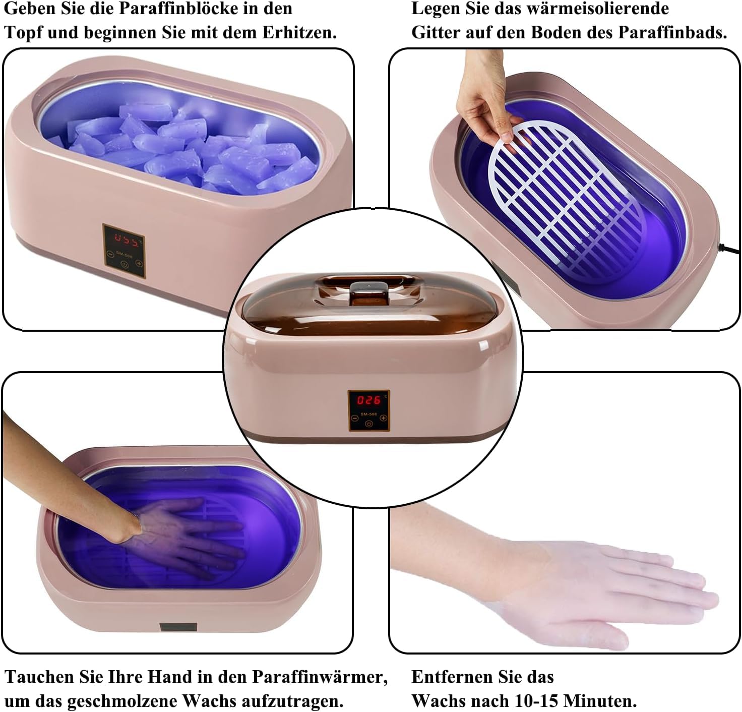 Paraffinbad - Multifunktionales Paraffin-Wachsbad für Hände und Füße， Enthält 2 × 450 g Paraffinwachs für die professionelle Handpflege, mit LED-Anzeige