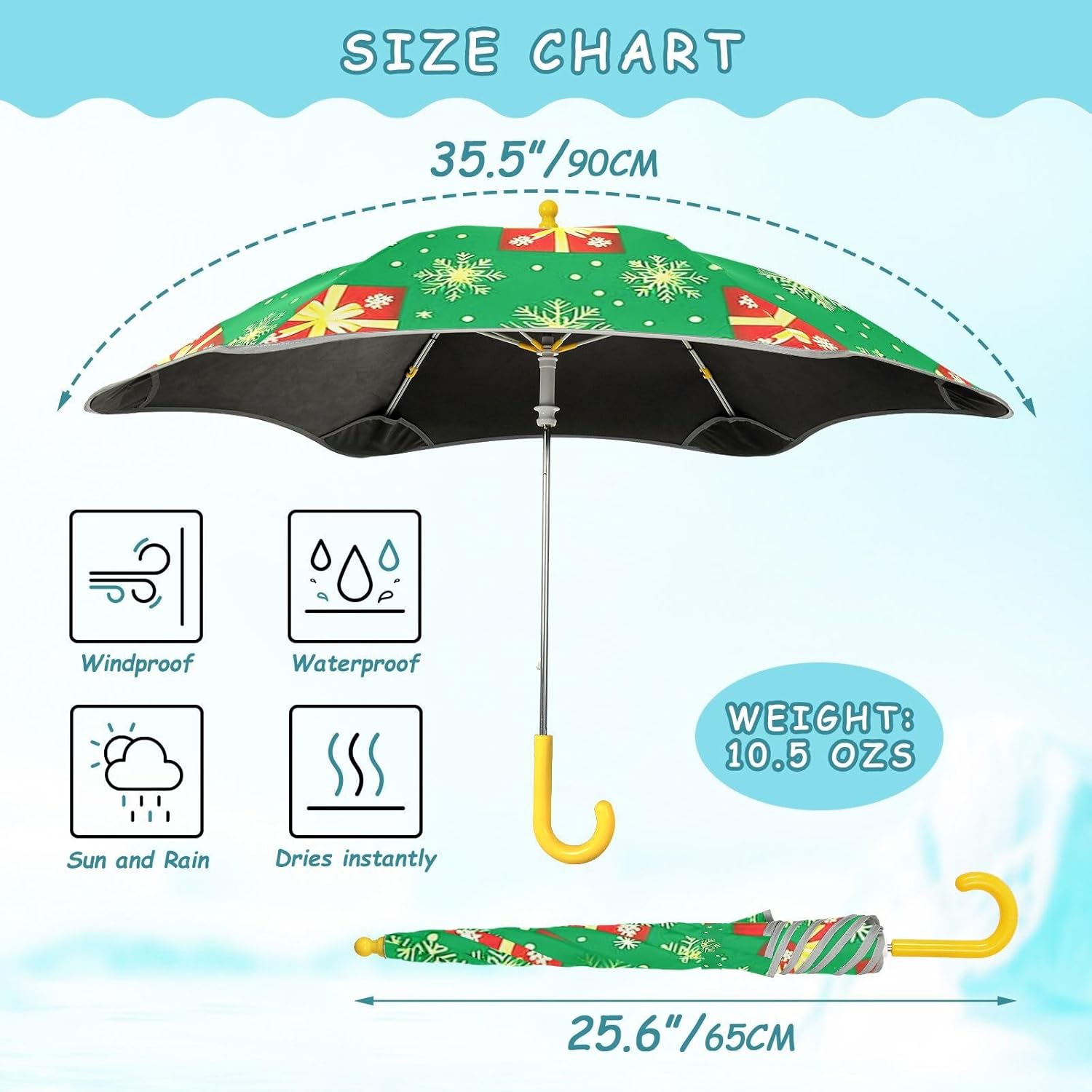 Christmas Gold Snowflake Box Children's Rain Umbrella Windproof Umbrella with Reflective Strip for school with Easy-Grip Hook Handle