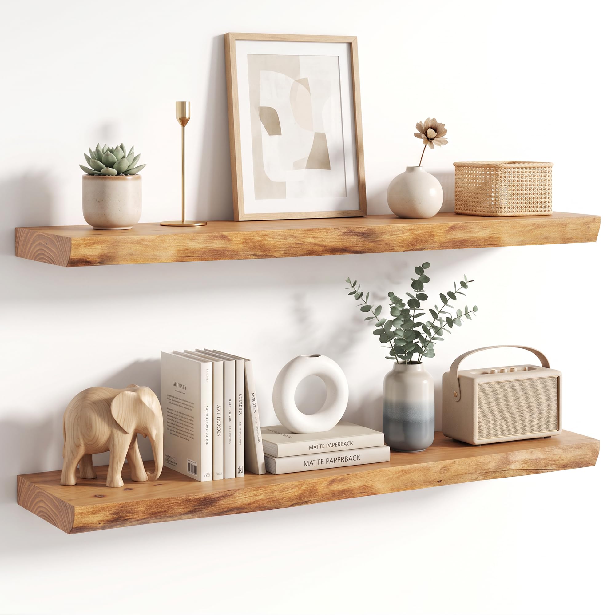 Solid Wood Floating Shelves 100 cm, Live Edge, Natural Unique, Elm, 2pcs