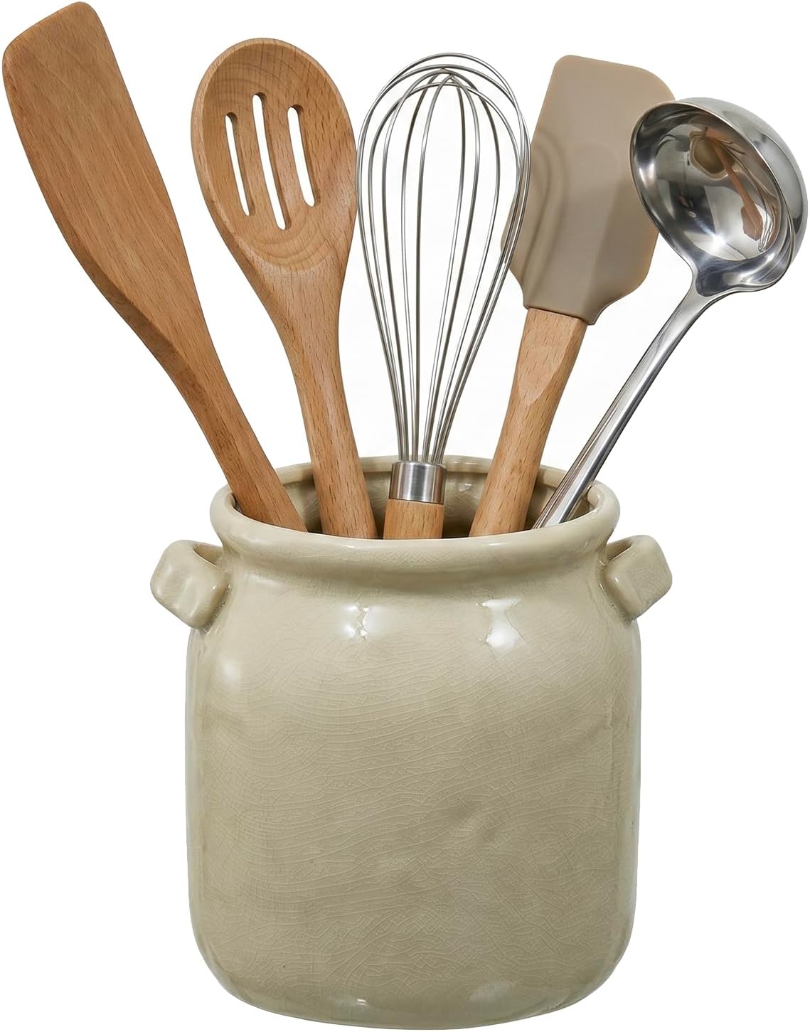 MyGift Ceramic Utensil Holder Crock, Vintage Crackle Finish Kitchen Jar