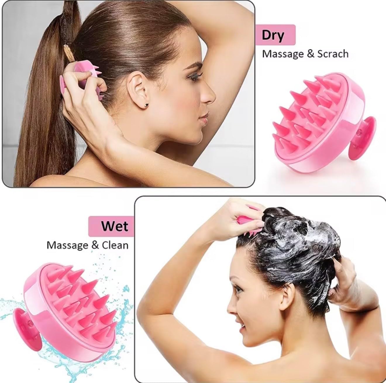 Scalp Massager Shampoo Brush, Soft Silicone Bristles for Wet & Dry Use, Anti-Dandruff, Ergonomic Handle, for Men & Women, All Hair Types – 2-Pack, Pink & Purple