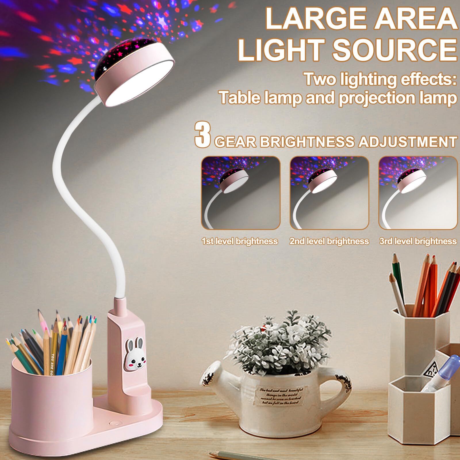 Lampada Da Scrivania Bambini Ricaricabile Con Proiettore Stellare - LED Dimmerabile, Portapenne, Rosa - Foto 8