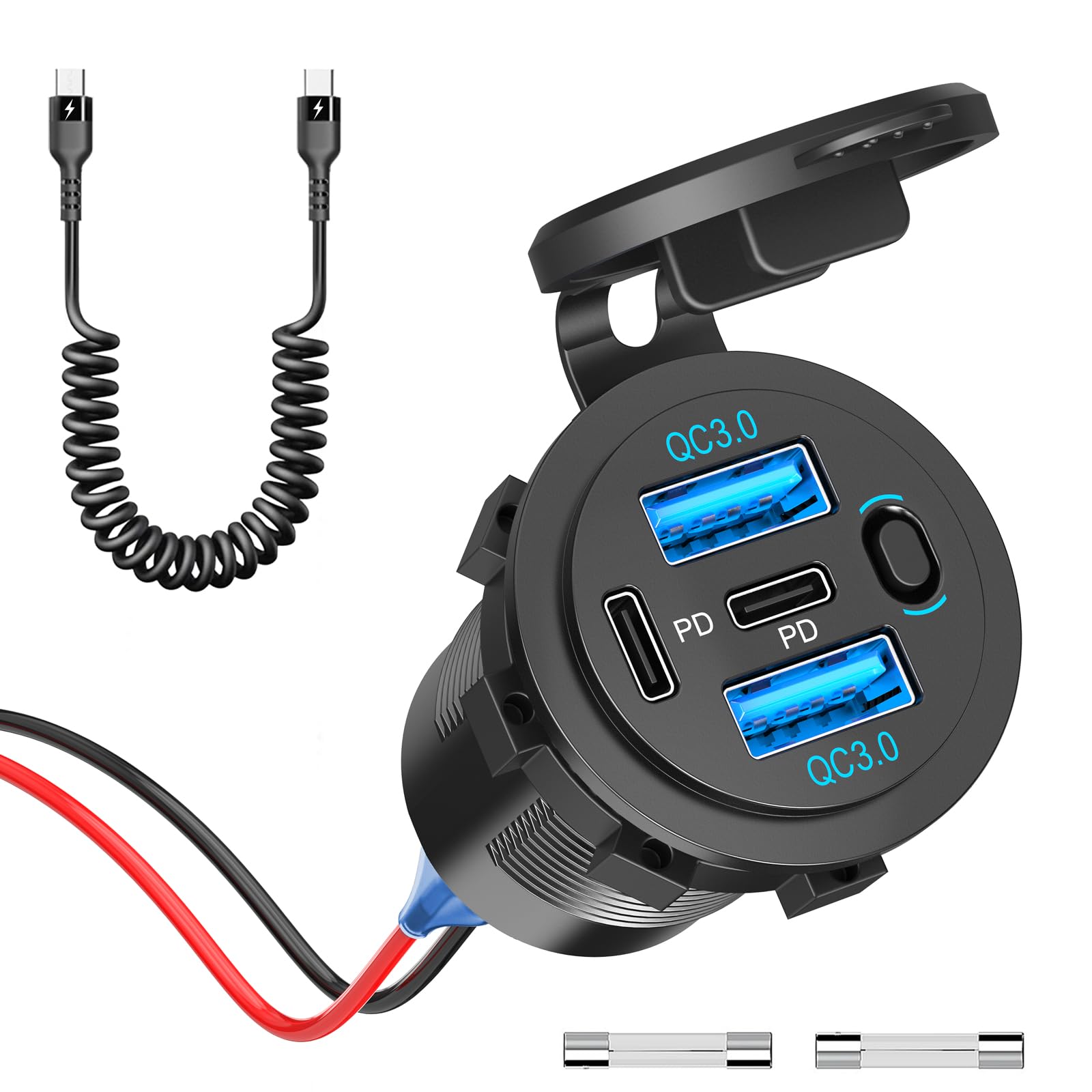12V USB Autolader 2 Poorten Opbouw - QC3.0 - POUSB-3QC - USB C 0 Pousb 3qc Usb C Stopcontact Auto Boot En Camper Blauw