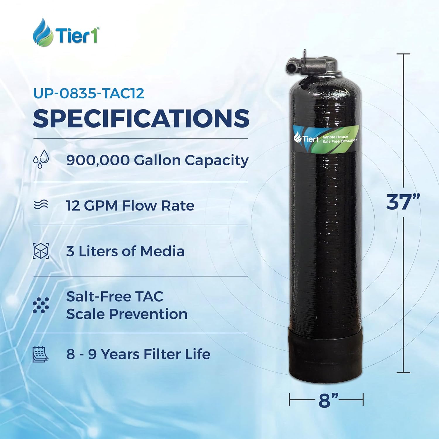 Tier1 Whole House Scale Prevention System | 900,000 Gallon TAC Conditioner | Salt-Free Descaler with Upflow Design | Hard Water Scale Control for Home Filtration