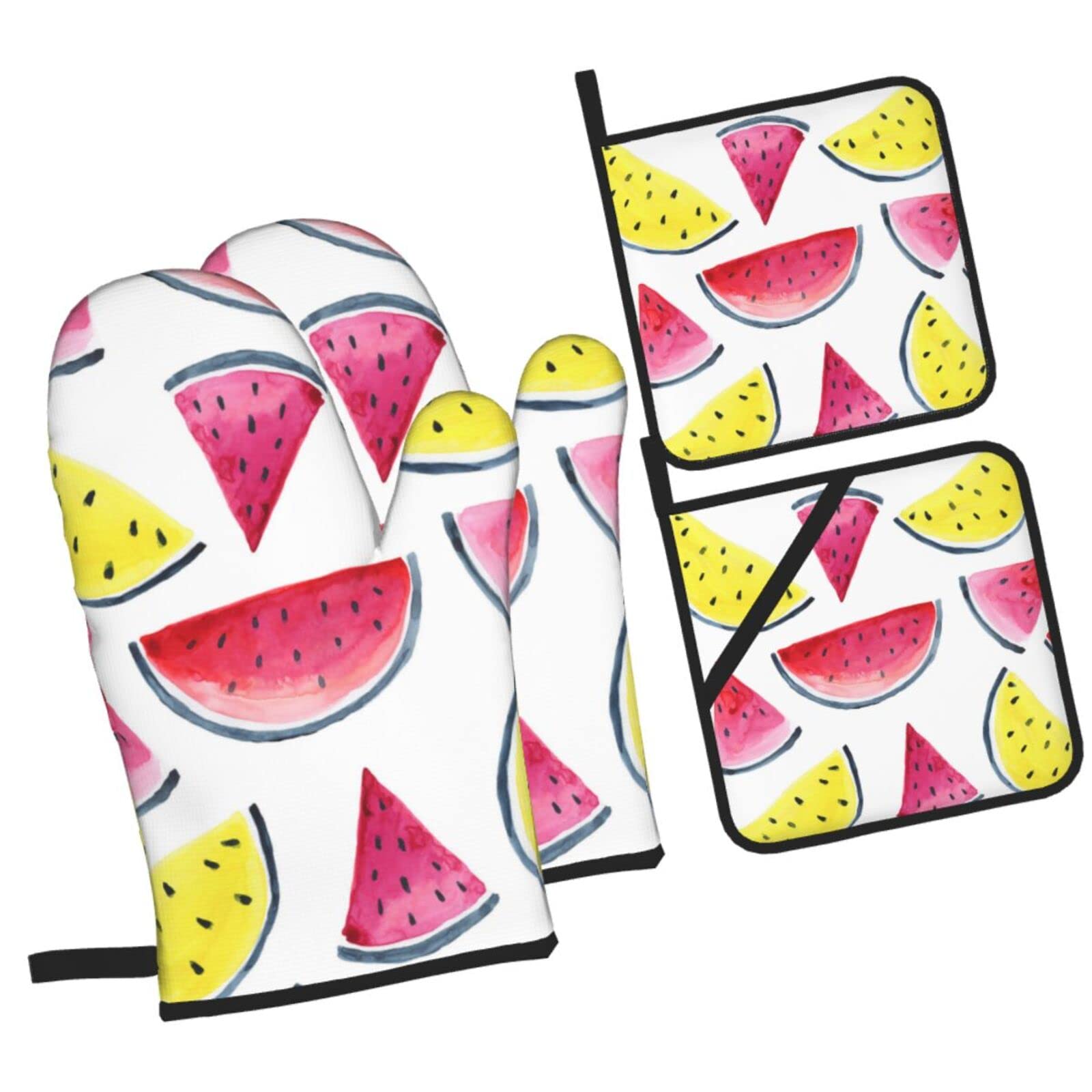 Watermelon Slices Seamless Pattern Oven Mitts and Pot Holders Sets, Christmas Oven Mitt Kitchen Heat Resistant Non-Slip Pot Holders Set for Cooking Baking BBQ