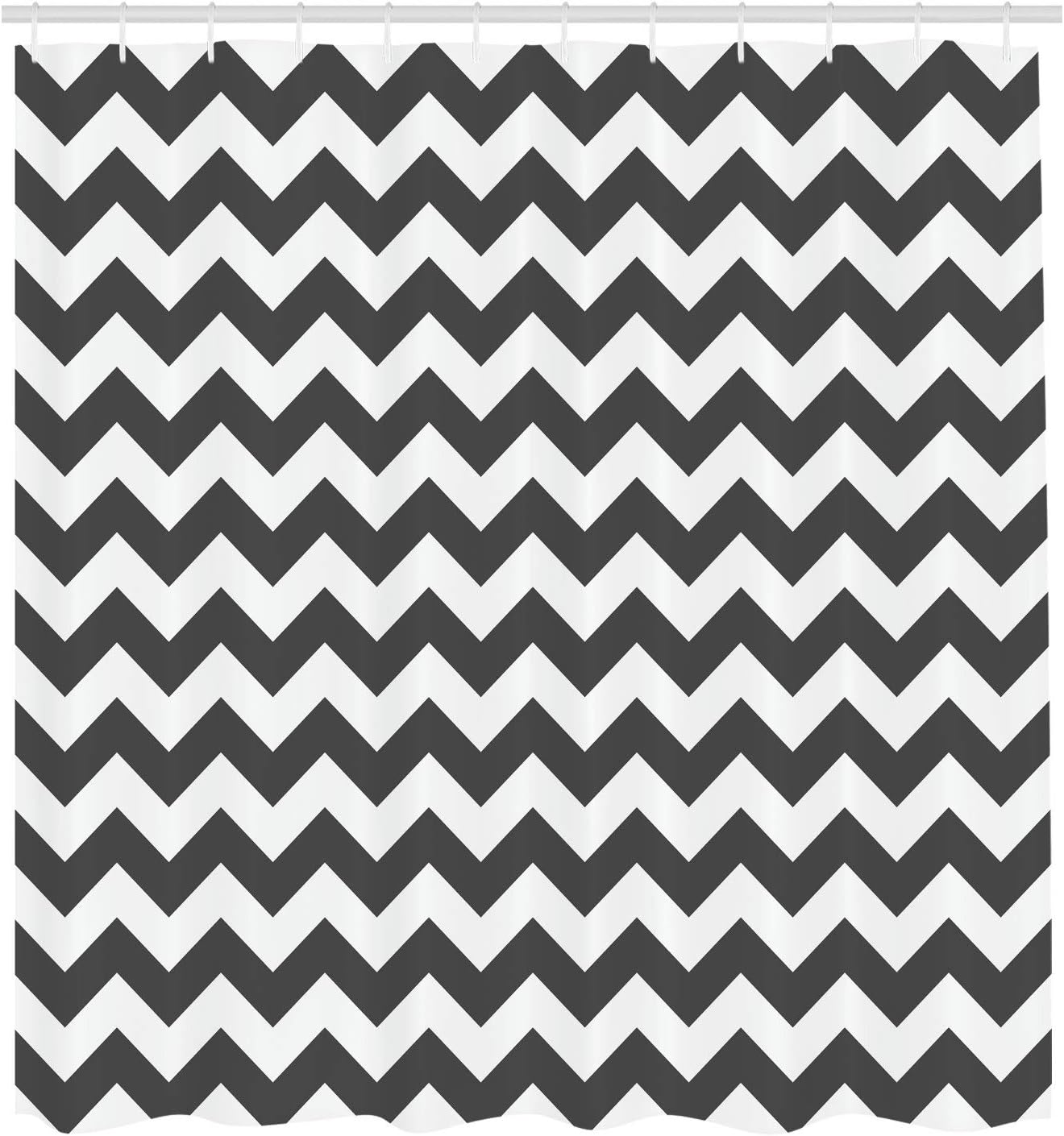 Ambesonne Chevron Shower Curtain, Abstract Geometric Horizontal Repeated Zigzag Wavy Angular Stripes Pattern, Cloth Fabric Bathroom Decor Set with Hooks, 70" Long, Charcoal Grey