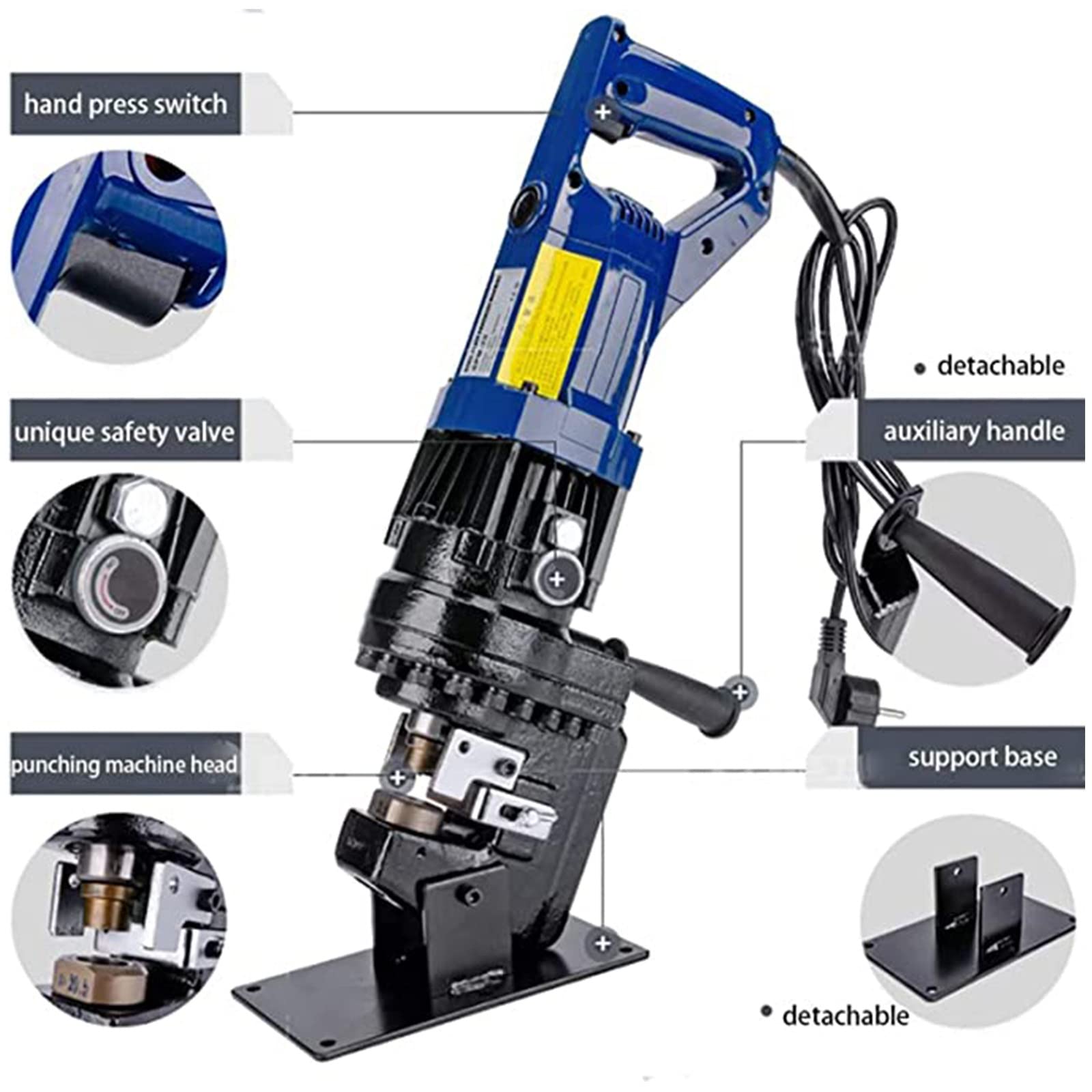 1300W Punzonatrice Idraulica Punzonatrice Idraulica Elettrica Metallo Foro Scavatrice Punzonatrice per Ferro Rame Piastra in Alluminio Angolo Acciaio Canale Acciaio con 5 Matrici,Anglesteel