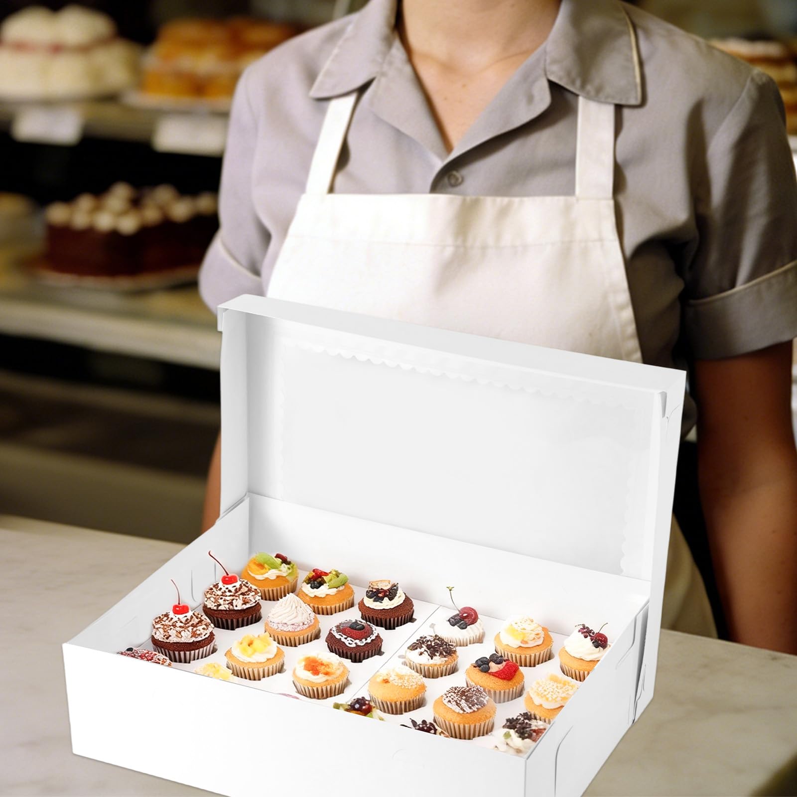 5stk Cupcake-Boxen 24 Stück mit Fenster, Wellpappe Mini-Cupcake-Behälter Höhenverstellbare Einsätze für Bäckerei Desserts Kekse Muffins Partys Geschenkverpackung (39x28x10cm)