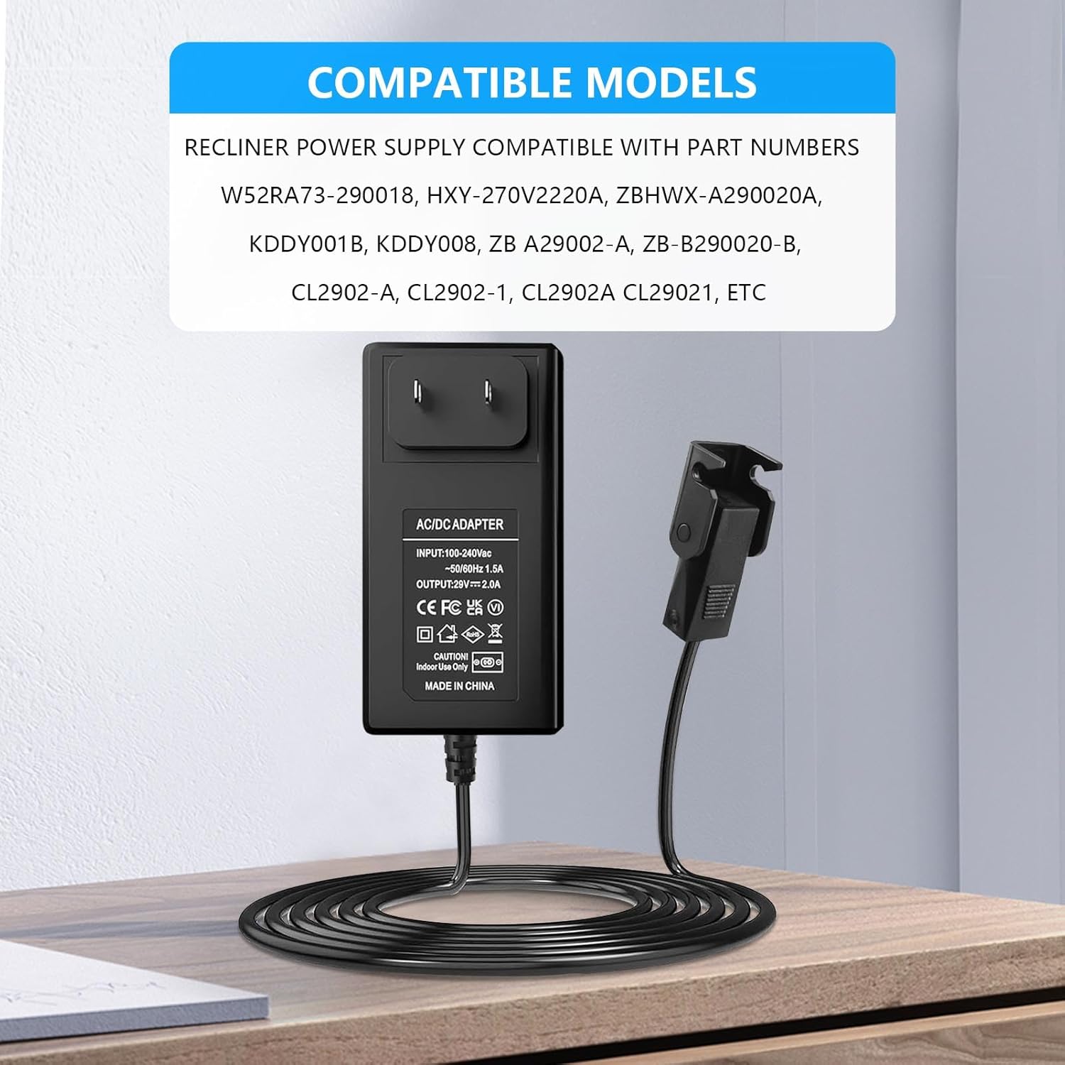 29V 2A AC/DC Power Adapter for Limoss Okin, Universal Recliners, Lift Chairs, Power Sofas and Adjustable Beds Power Supply Cord Replacement (Straight)
