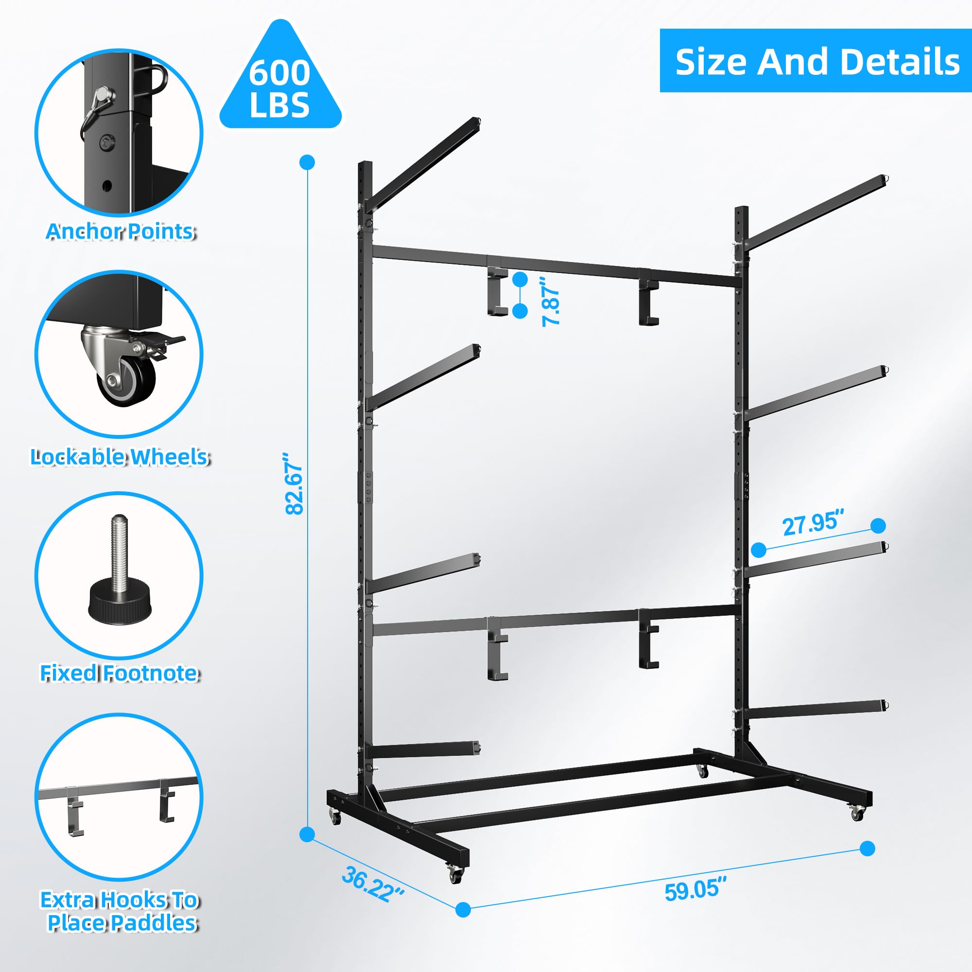 NICOMOW Kayak Storage Rack,kayak racks for outdoor storage,Freestanding Kayak Stand with Wheels,4 Adjustable kayak Storage Rack for Indoor,Outdoor,Garage,Shed,Dock,Black