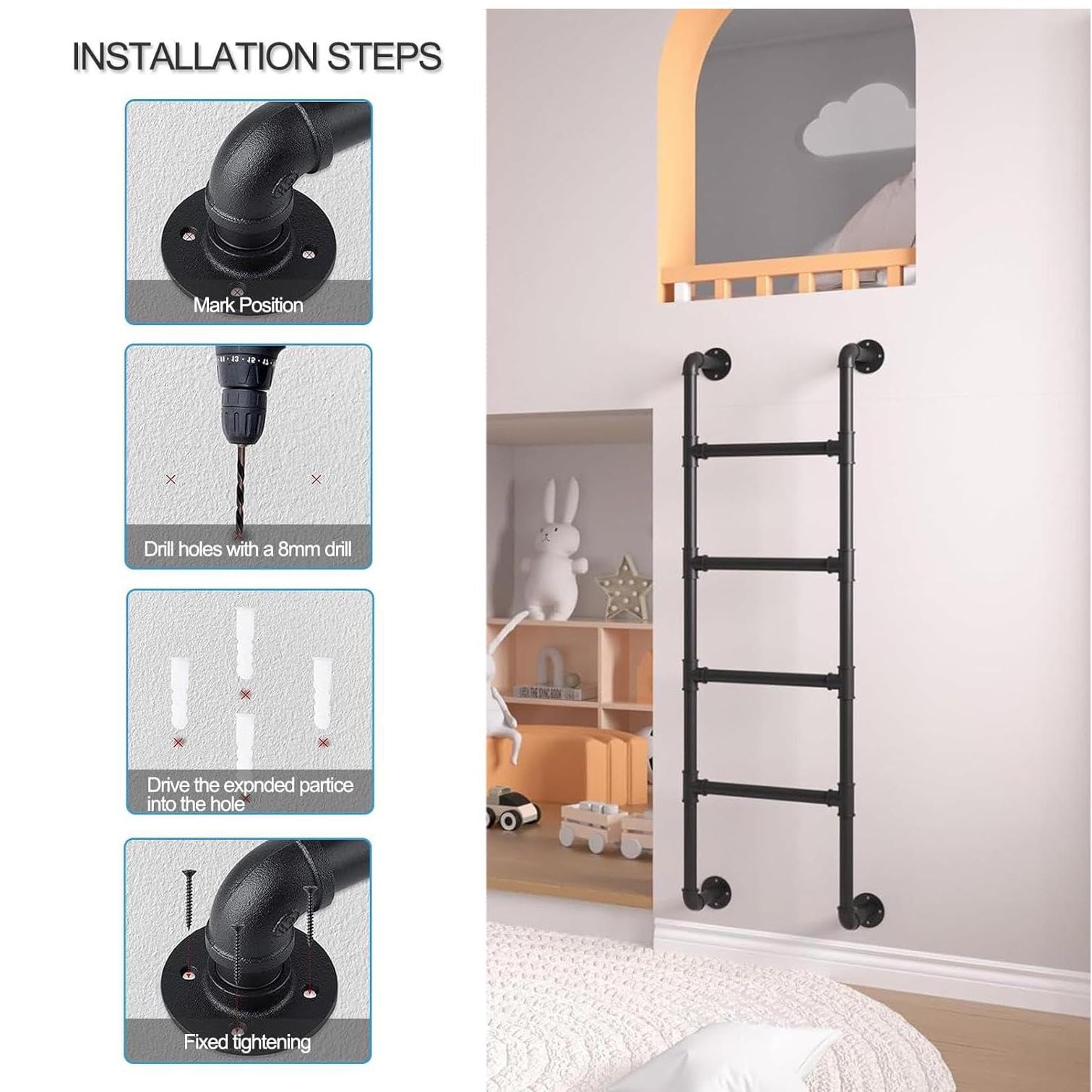 Escalera antideslizante, escalera de escape de incendios de hierro de Metal ferroso montada en la pared, escalera de seguridad del techo al aire libre con camión ático pesado de 330 libras,Black-1.4M
