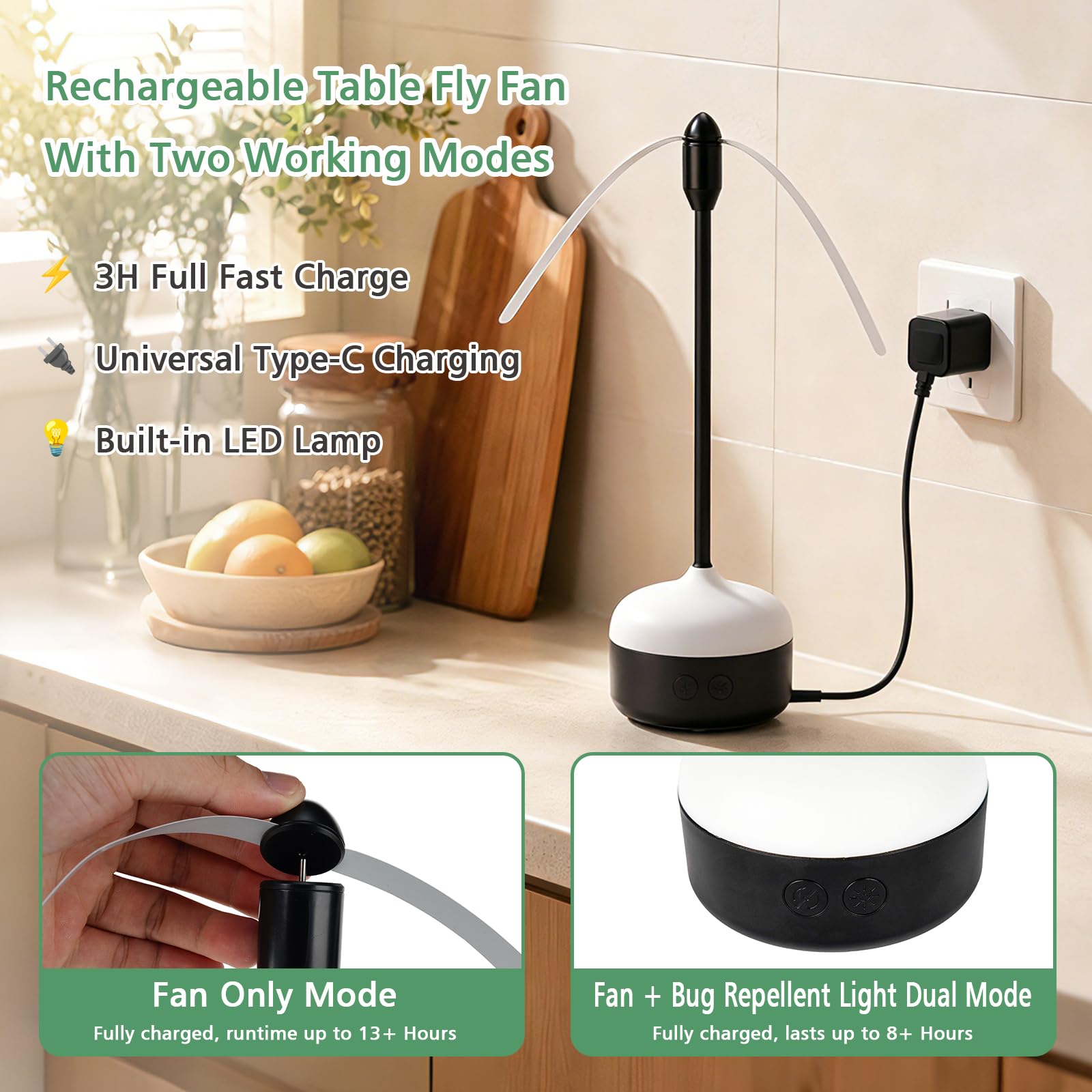 Ventilatore Anti-Mosche, 2 Pezzi, Ricaricabile con LED, Protezione Alimentare per Casa, Picnic, Barbecue, Senza Sostanze Chimiche