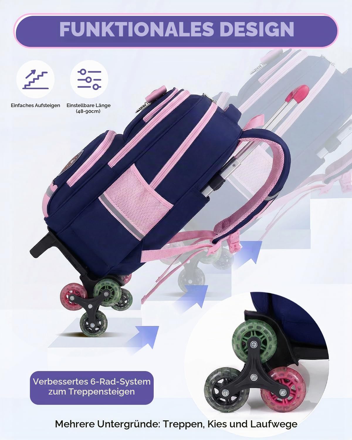 Amythe Schulranzen mit Rollen für Mädchen, Schulrucksack 1.-5. Klasse Blau | Trolley-Schultasche Mädchen 6 Räder, Wasserdichter Rucksack Kinder mit Reflektoren für Grundschule 6-10 Jahre, Schulstart