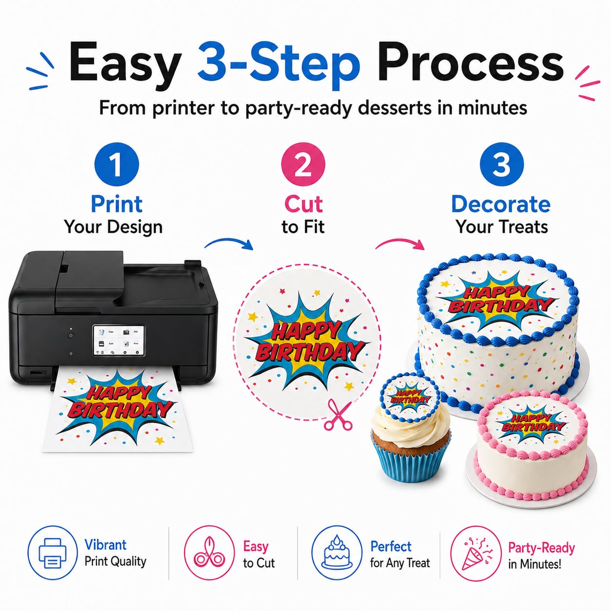 Ediblethingz Kit per stampante con immagini per cake topper per torte, include 50 fogli di carta di riso premium, 12 fogli di glassa Supreme, kit di pulizia, wireless All-in-One