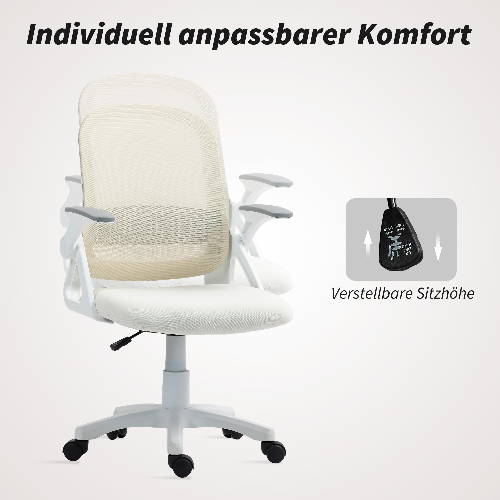 HOMCOM Bürostuhl mit Aufklappbarer Armlehne Lendenwirbelstütze Weiß | Ergonomischer Schreibtischstuhl, Höhenverstellbarer Drehstuhl mit Wippfunktion, Netzbespannung, Computerstuhl
