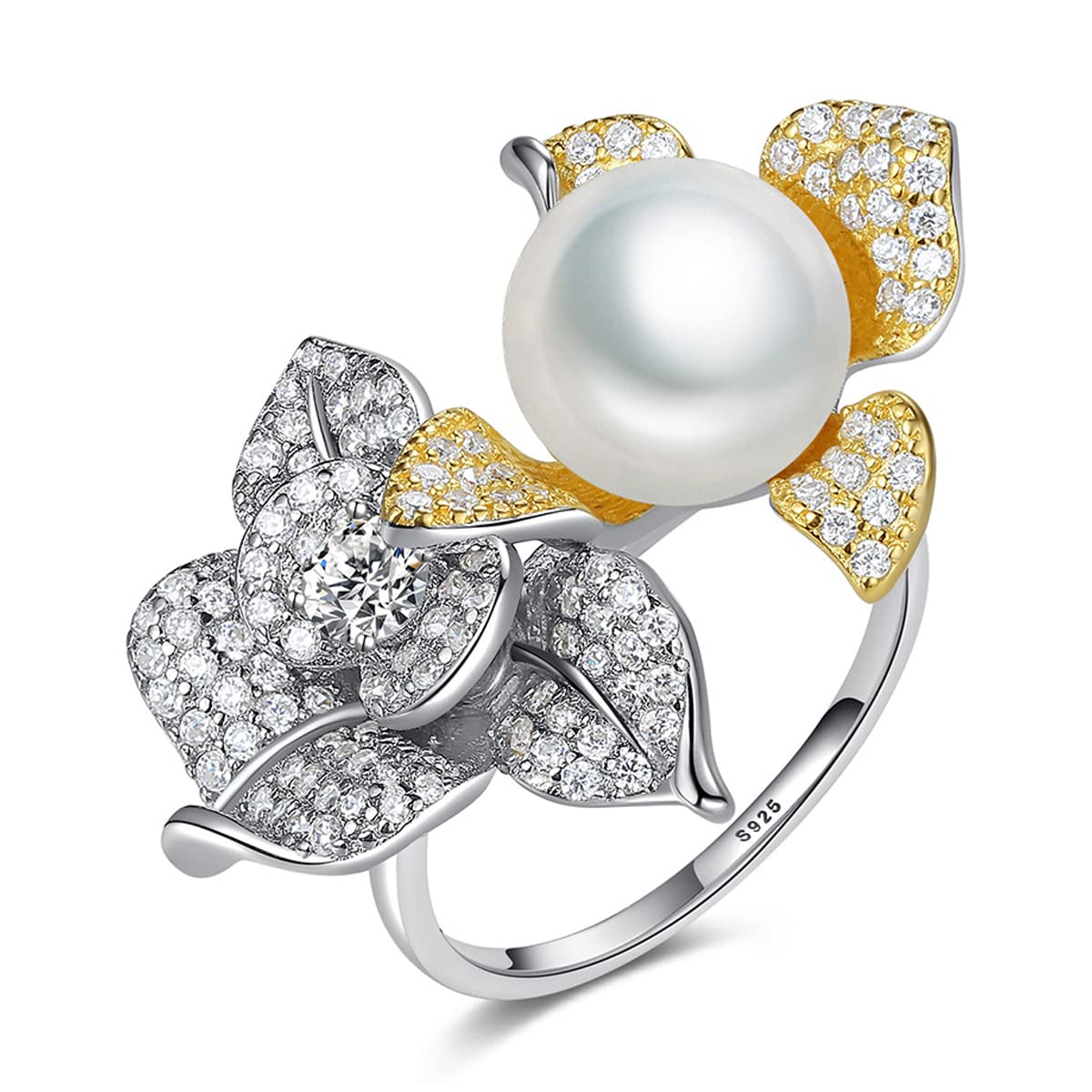 Bague fleur en zircon CZ pour femme avec perle d'eau douce naturelle