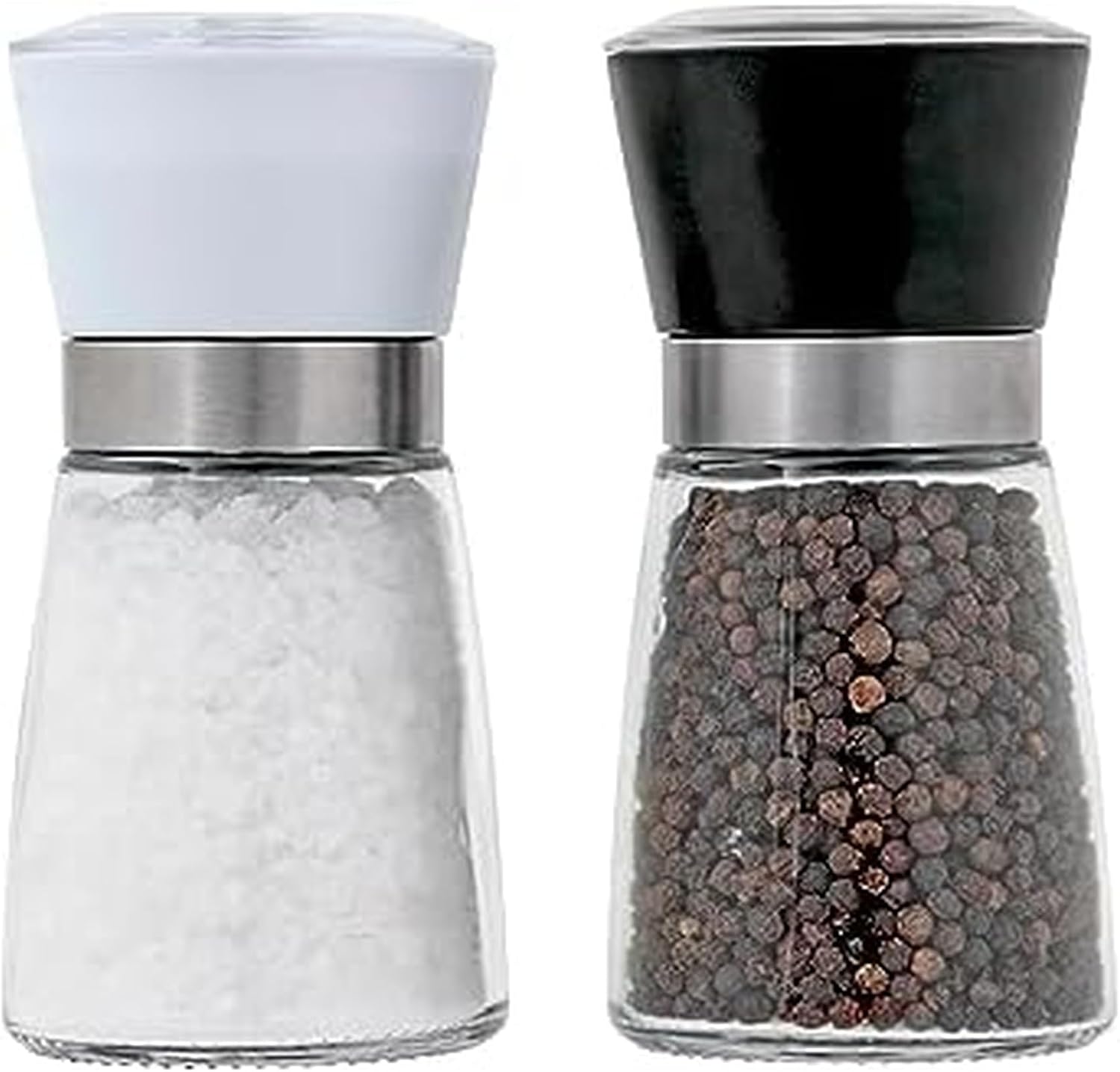 Kamenstein Glass Spice Grinders with Adjustable Ceramic Mechanism, Set of 2 - Prefilled Salt & Pepper Grinders for Kitchen Countertop Use, Durable & Refillable Food Prep Tools