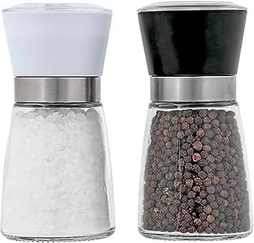 Kamenstein Glass Spice Grinders with Adjustable Ceramic Mechanism, Set of 2 - Prefilled Salt & Pepper Grinders for Kitchen Countertop Use, Durable & Refillable Food Prep Tools