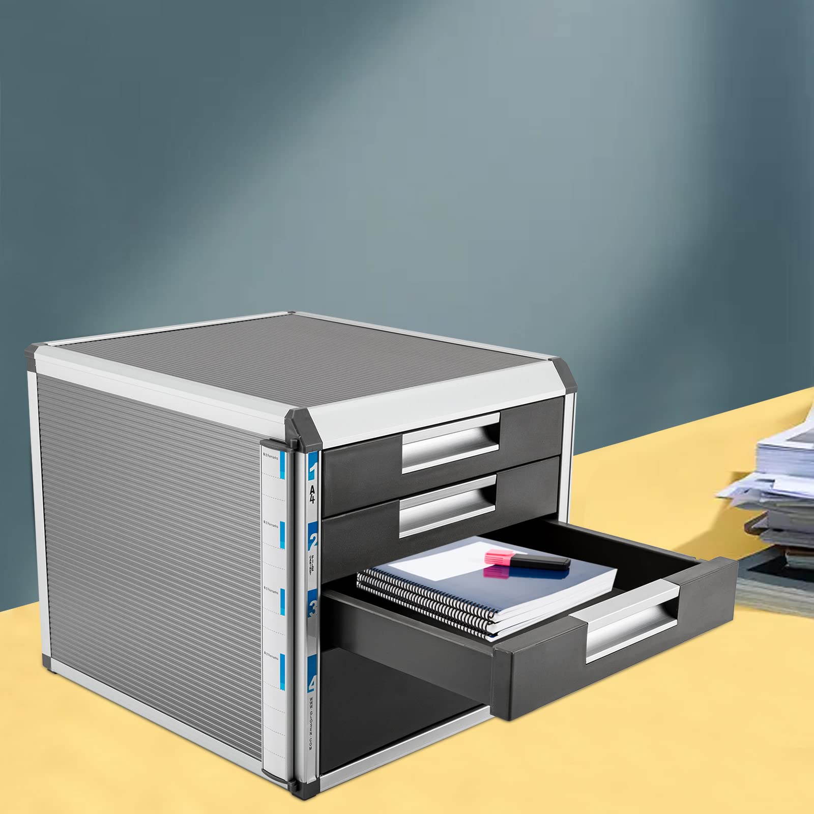 Cassettiera in metallo con chiusura a chiave, in lega di alluminio, per documenti e documenti, robusta, organizer da scrivania (4 scomparti con etichette)