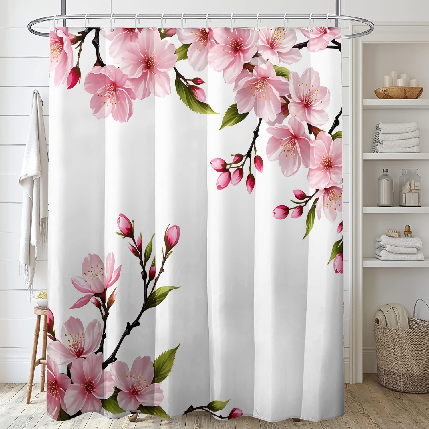 GLKSDLPO Charming Pink Cherry Blossom Shower Curtain for a Nature-Inspired, Elegant and Serene Minimalist Bathroom Decor(140x200cm/55x79in(WxH)
