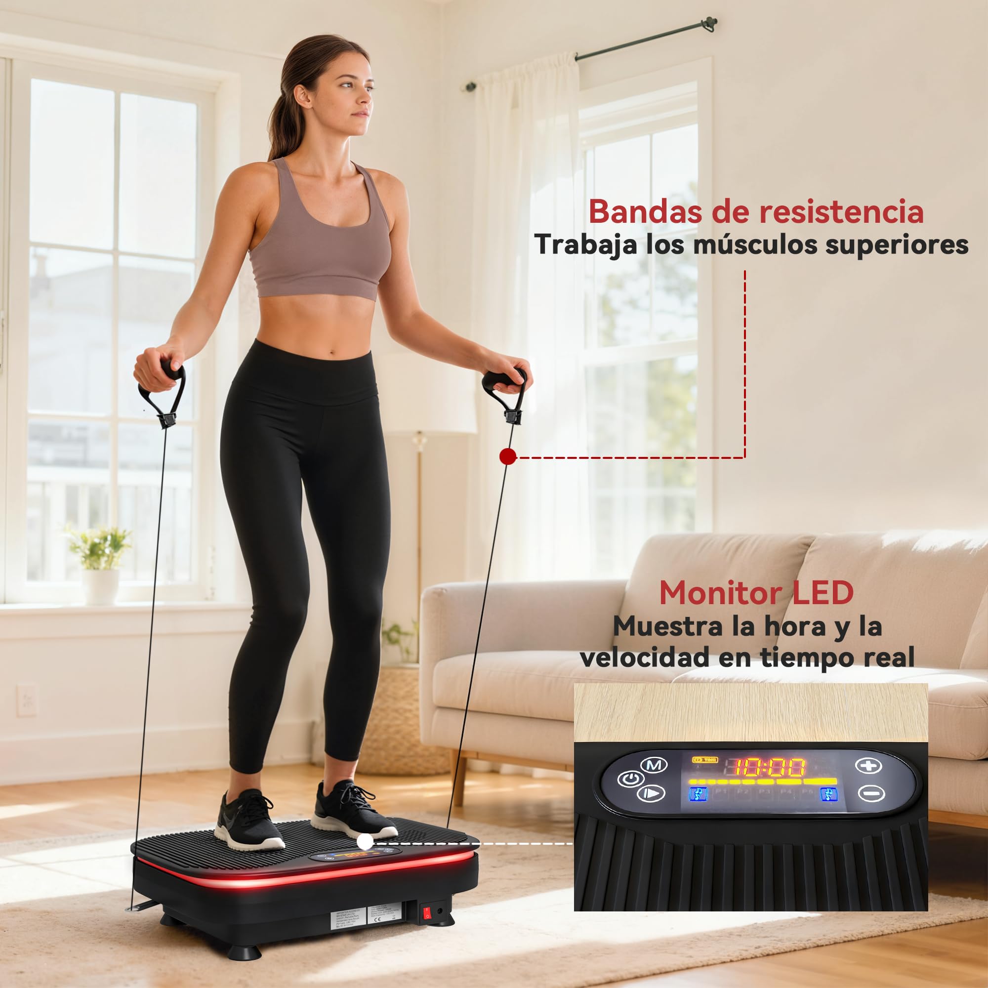 SPORTNOW Plataforma Vibratoria, 99 Velocidades, 3 Programas, Plataforma Vibración Muscular con Altavoz Bluetooth, Pantalla LED, Luces, Mando a Distancia, Bandas Elásticas, para Hacer Ejercicio en Casa