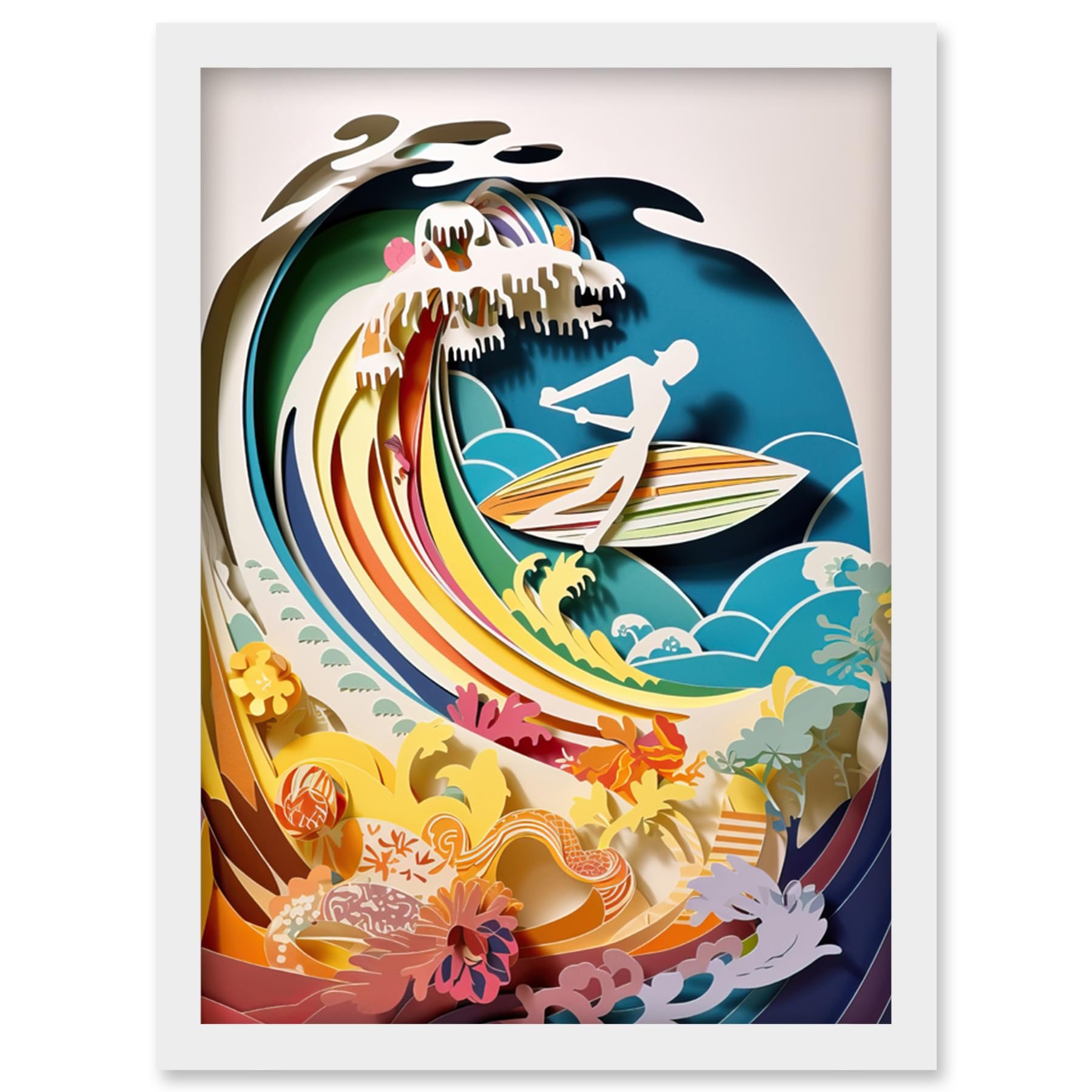 Artery8 Rainbow Kirigami Surfer Surfing Coastal Landscape Artwork Framed Wall Art Print A4
