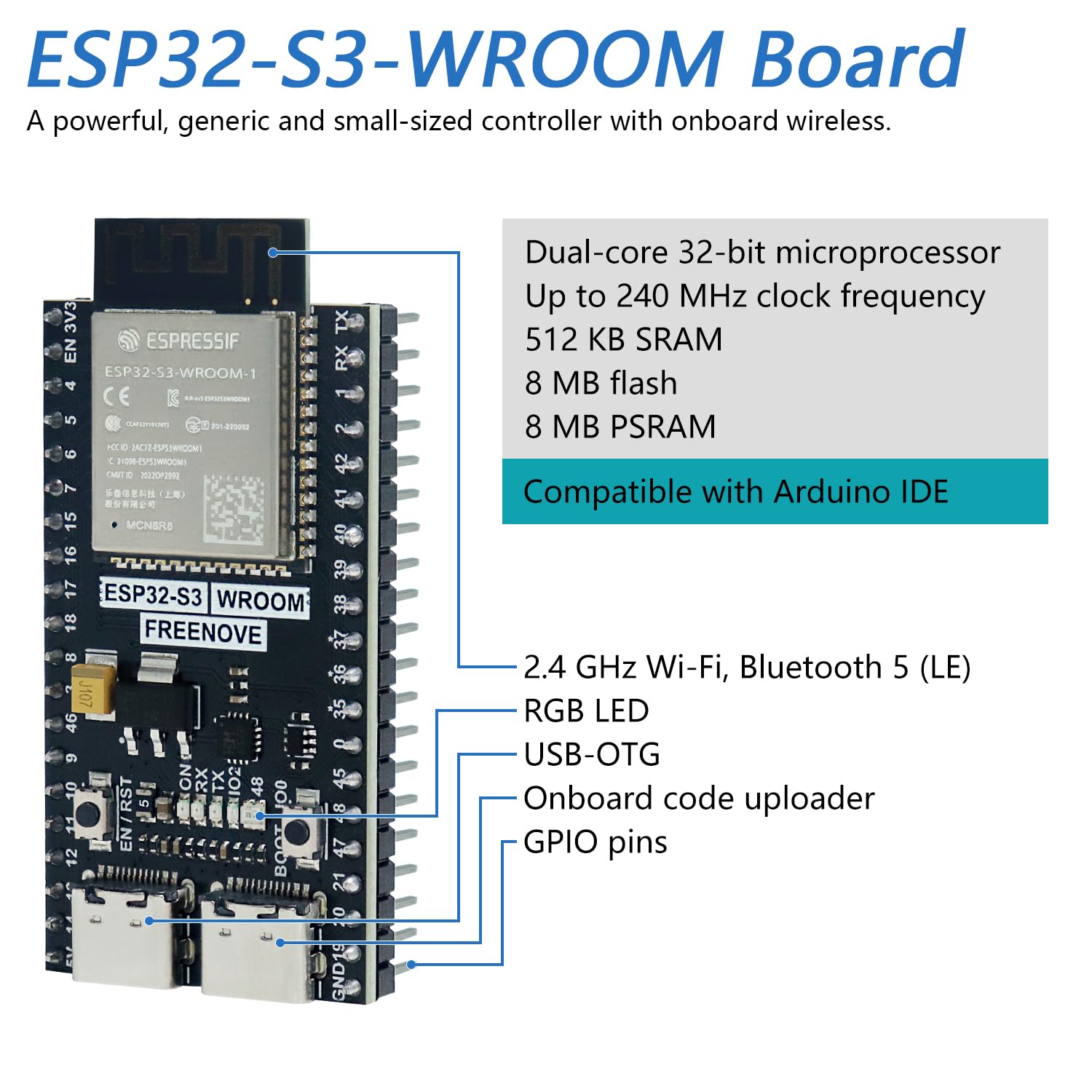Freenove ESP32-S3 ESP32 S3 Board Lite (2 Pack), Dual-core 32-bit 240 MHz Microcontroller, Onboard Wireless, Python C Code, Example Projects Tutorial