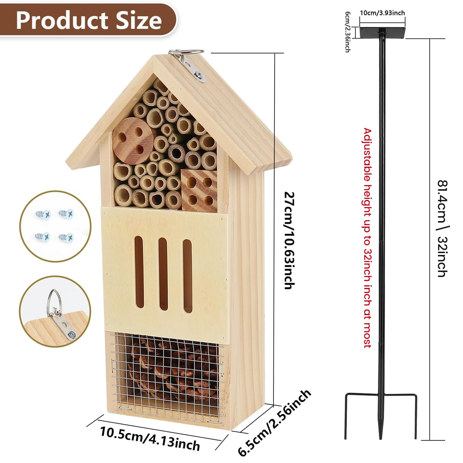Lettry Casetta per insetti in legno, con paletto in metallo, per giardino, casa delle api e hotel per farfalle a terra o appesa alla parete dell'albero, habitat naturale per insetti per api, farfalle