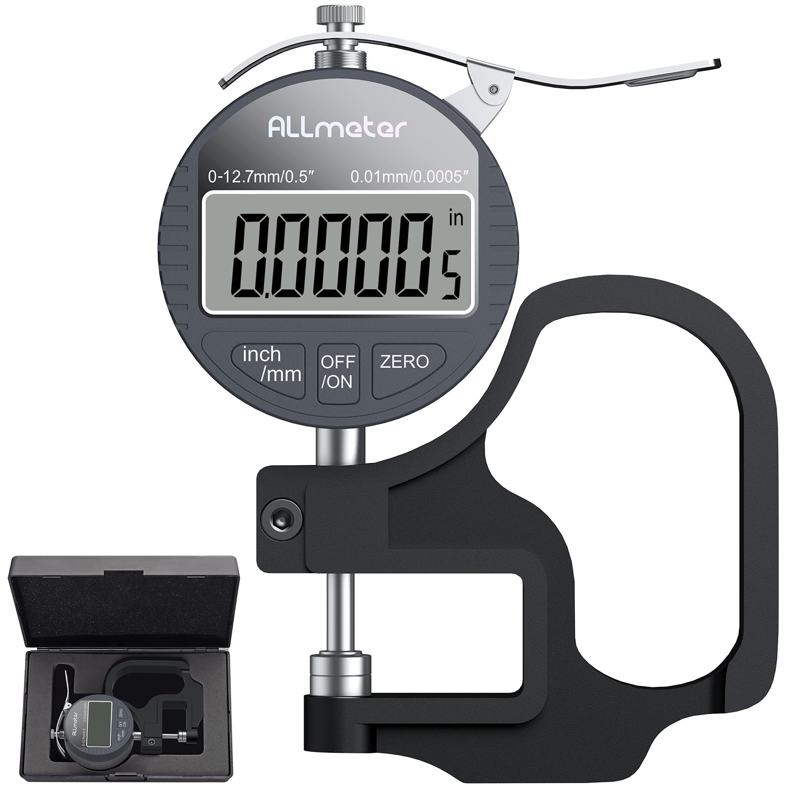 Calibro per Spessori Digitale 0-12,7mm/0-0,5" con Precisione di 0,01 mm/0,0005", Misuratore di Spessore Elettronico con Display LCD e Funzione Auto-Zero per Pelle, Carta, Tessuto