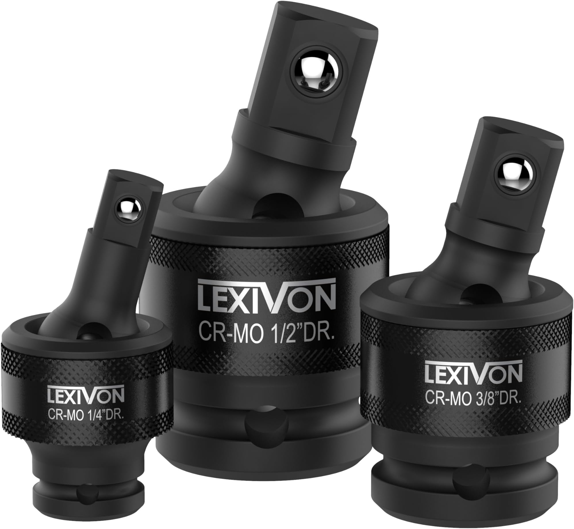 LEXIVON Premium Impact Universal Joint Socket Swivel Set | 3-Piece Ball Spring Design 1/2", 3/8", and 1/4" U-Joint Drive | Cr-Mo Steel = Fully Impact Grade (LX-113),Black