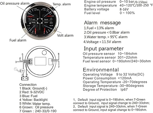 Miniatura 6 de Medidor multifunción 4 en 1, voltímetro de 3.346 in, nivel de combustible, presión de aceite, medidor de temperatura del agua, calibre automático