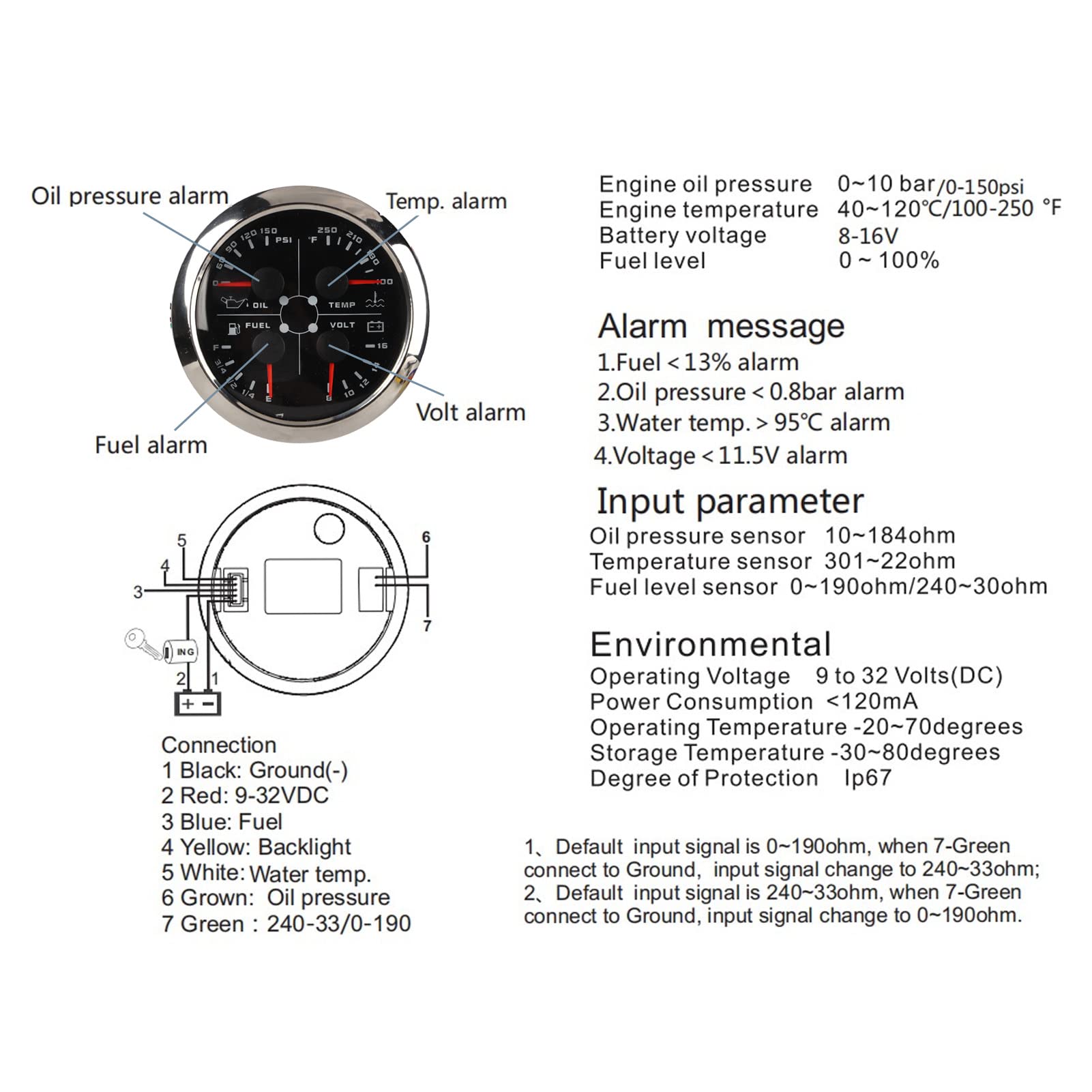 FLEXMAN Calibre 4 en 1, Medidor de Presión de Neumáticos Digital, Nivel de Combustible Multifunción de Calibre 85 mm para RV, Yate, Barco de Pesca, Barco, Motocicleta, Modificación de Automóviles