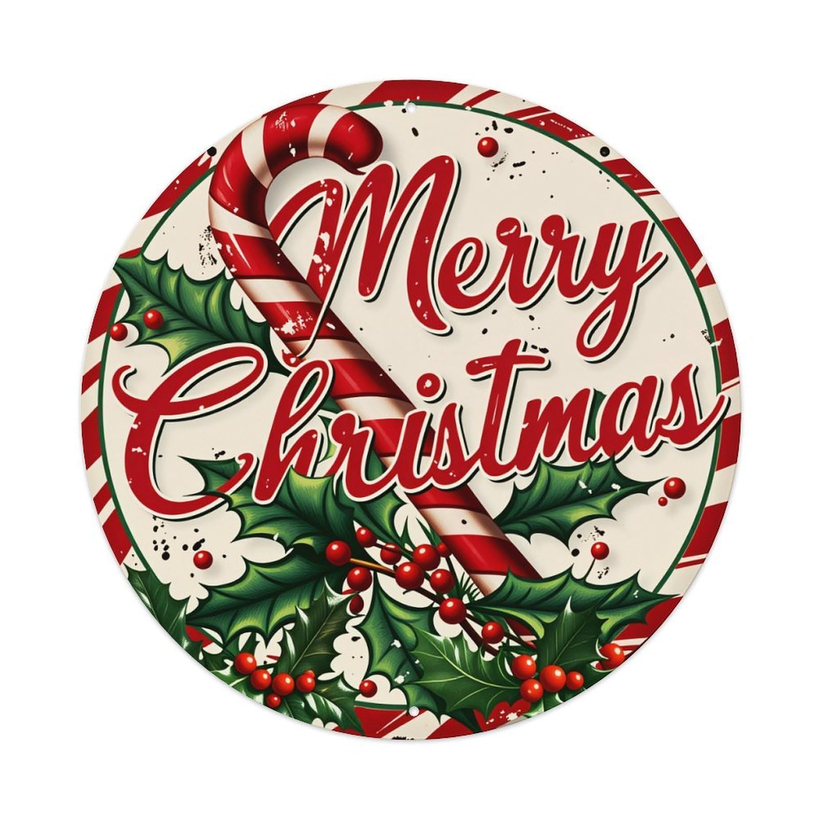 Merry Christmas Candy Cane Holly Round Tin Sign Vintage Metal Poster Retro Bar, Home, Man Cave, Kitchen, Laundry Room Wall Art Decor Gift 8x8In