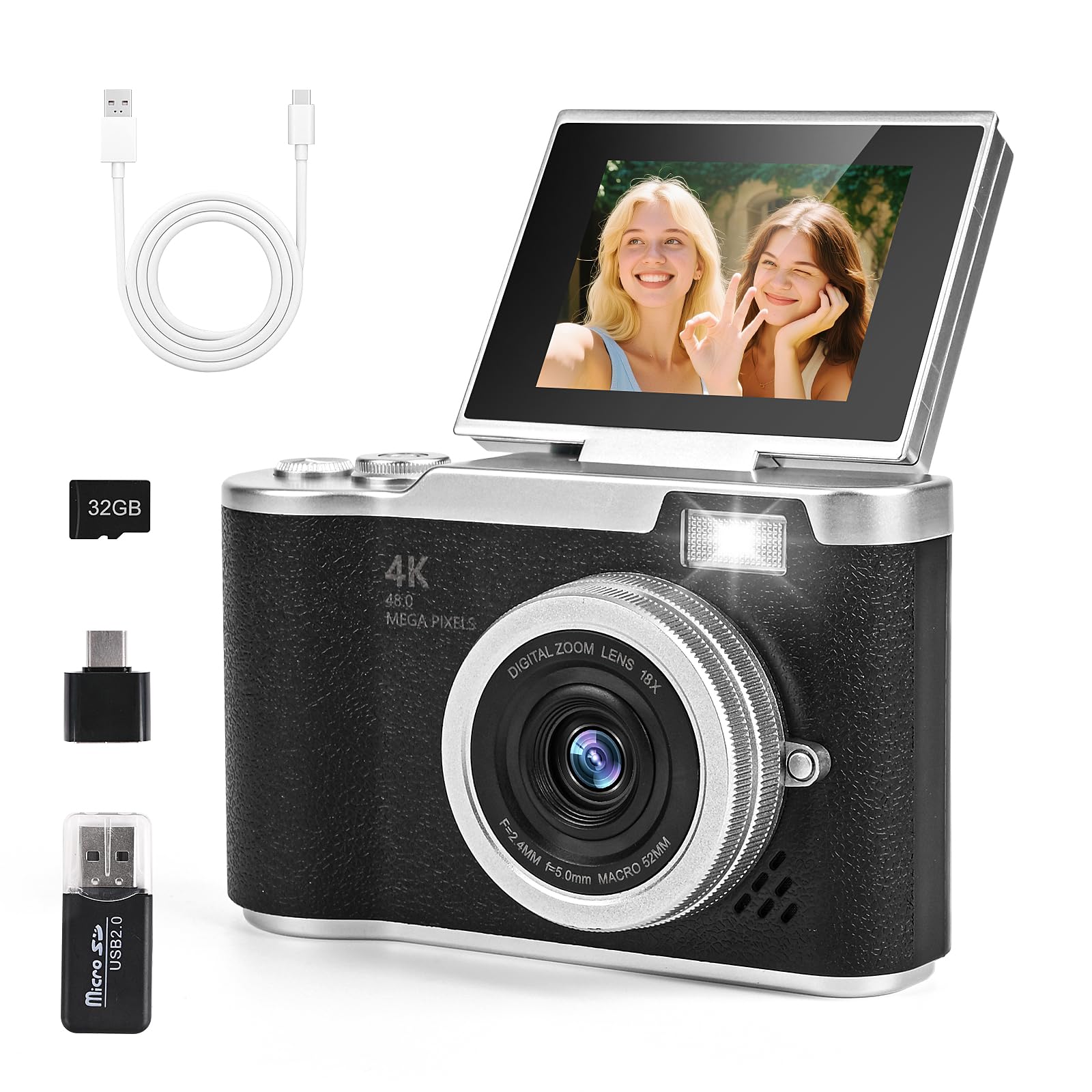 Appareil Photo Reflex Appareil Photo Numérique 4K 48MP Pour Enfants - Zoom 18X - Autofocus - Carte 32G Incluse - Noir Cadeau Adolescent