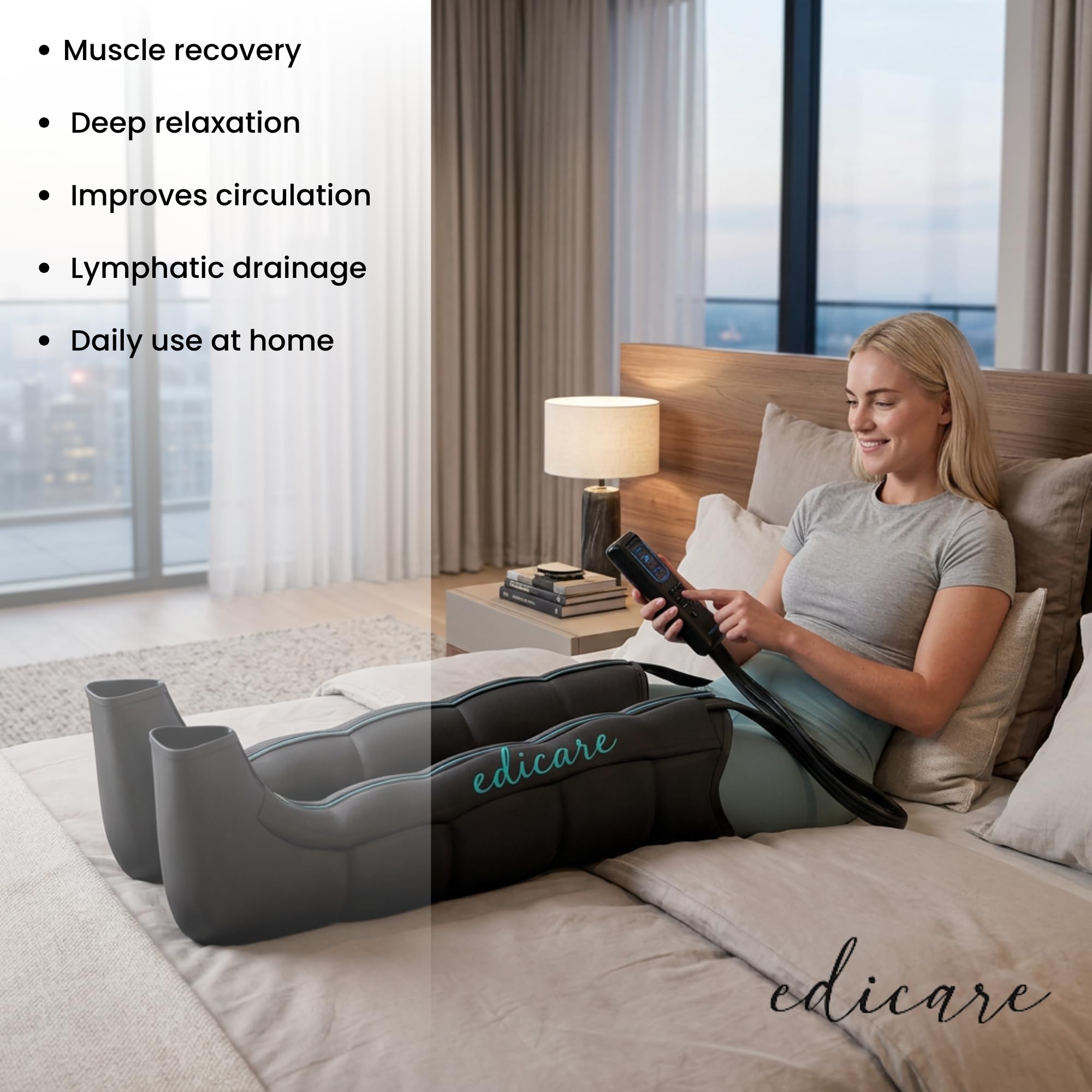 Edicare, Presoterapia para Casa Profesional con Cable – Drenaje Linfático Piernas – Botas de Presoterapia Silenciosas – Recuperación Muscular (Dispositivo y Perneras Talla: M)