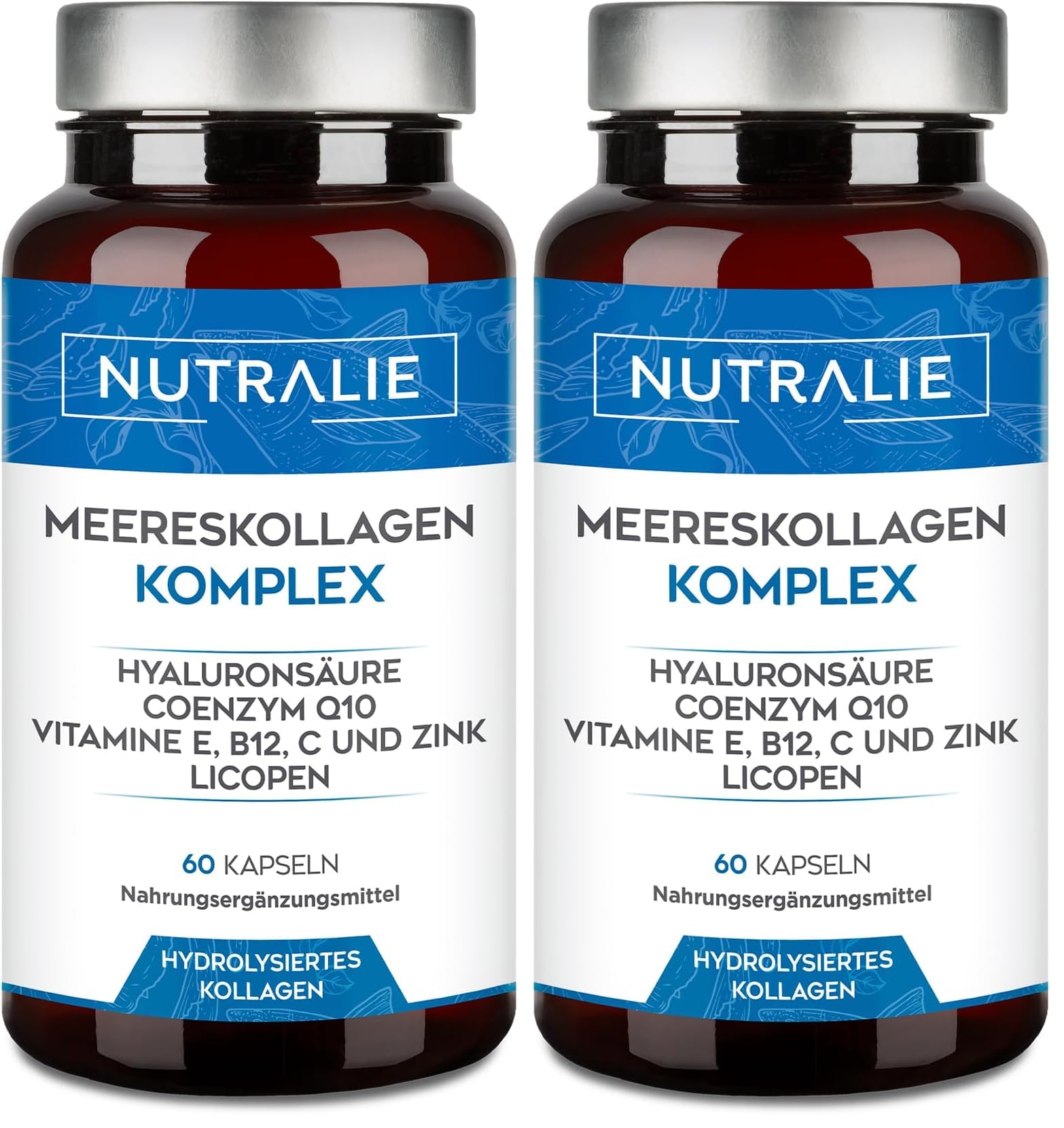 Collagène Marin Hydrolysé + Acide Hyaluronique Q10 Vit C E - Peau - Vitamines C E et Q10-100% Peptides de Collagène de Type I - 60 gélules Nutralie (Lot de 2)