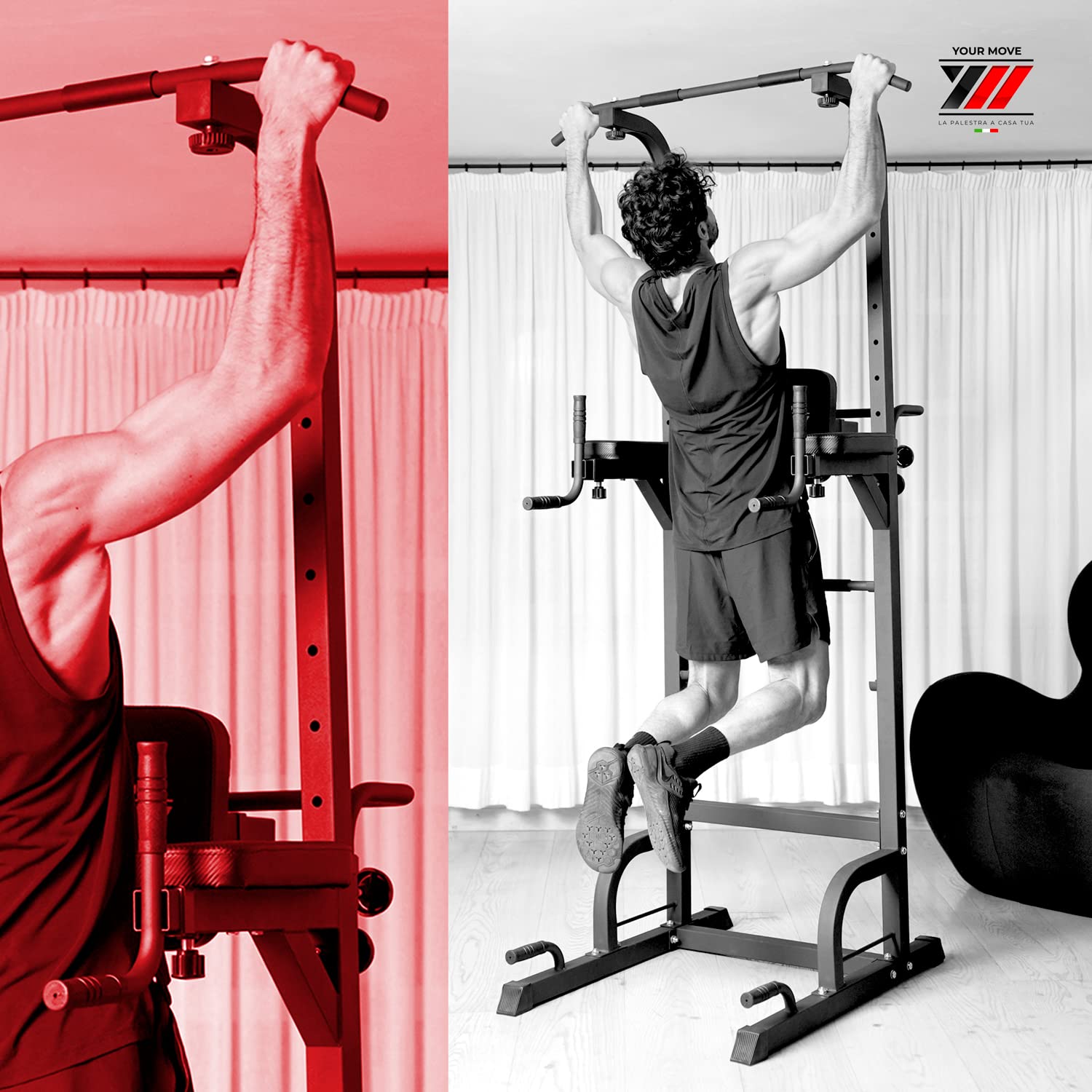 YM Power Tower Stazione Fitness Multifunzione per Flessioni Trazioni Fitness e Addominali, Dip Station Professionale, per Allenarsi a Casa e in Palestra