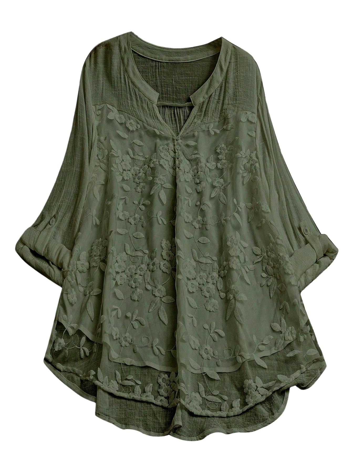 Women's Plus Size V Neck Blouse Floral Embroidery 3/4 Roll Sleeve Tunic Tops