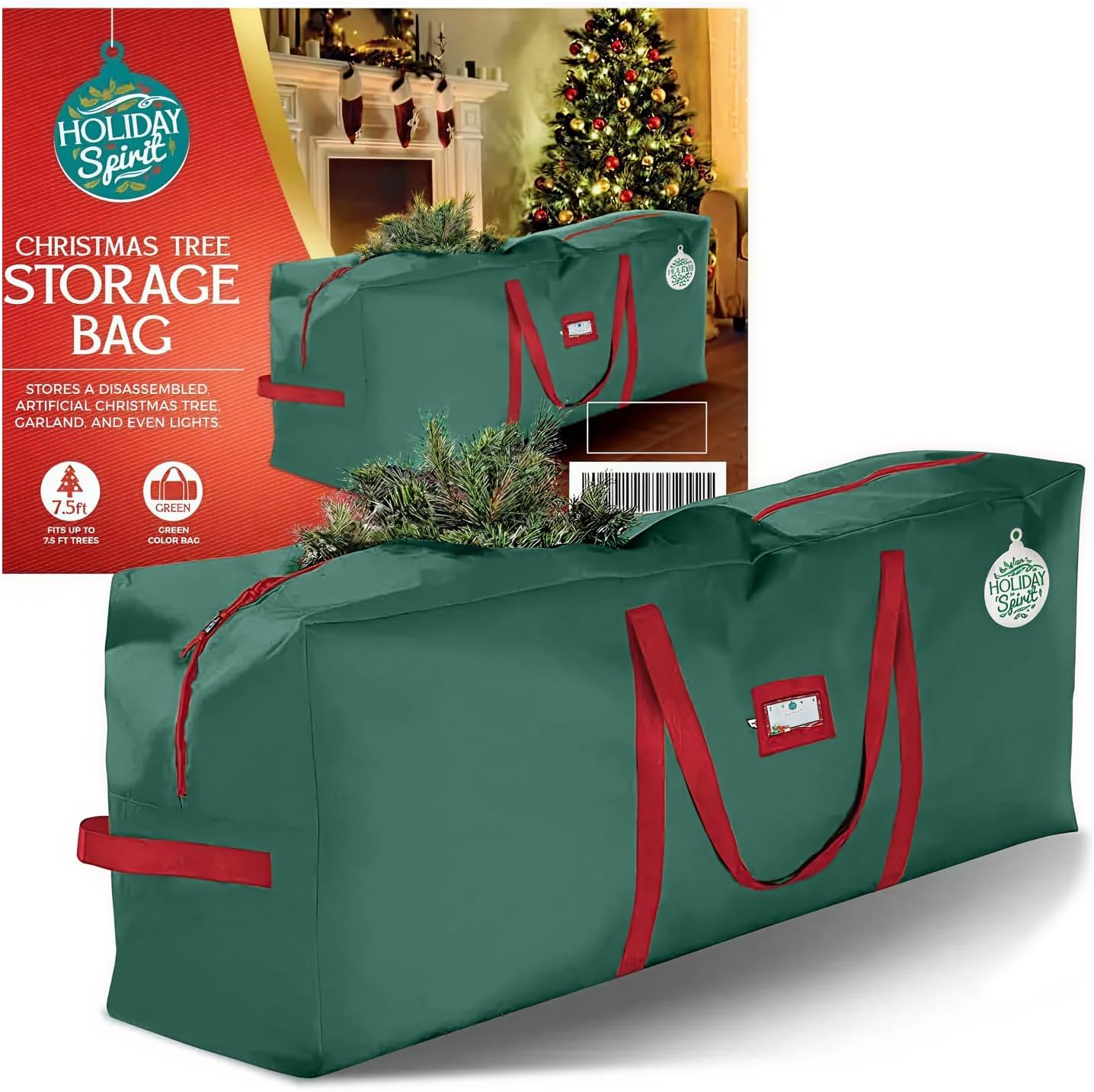 HOLIDAY SPIRIT Christmas Tree Storage Bag for 7.5 ft Tree - Heavy Duty, Waterproof 600D Oxford Canvas with Reinforced Handles and Dual Zipper - Protects from Dust and Moisture - Xmas Tree Bag, Green Fits a 7.5FT Tree Green