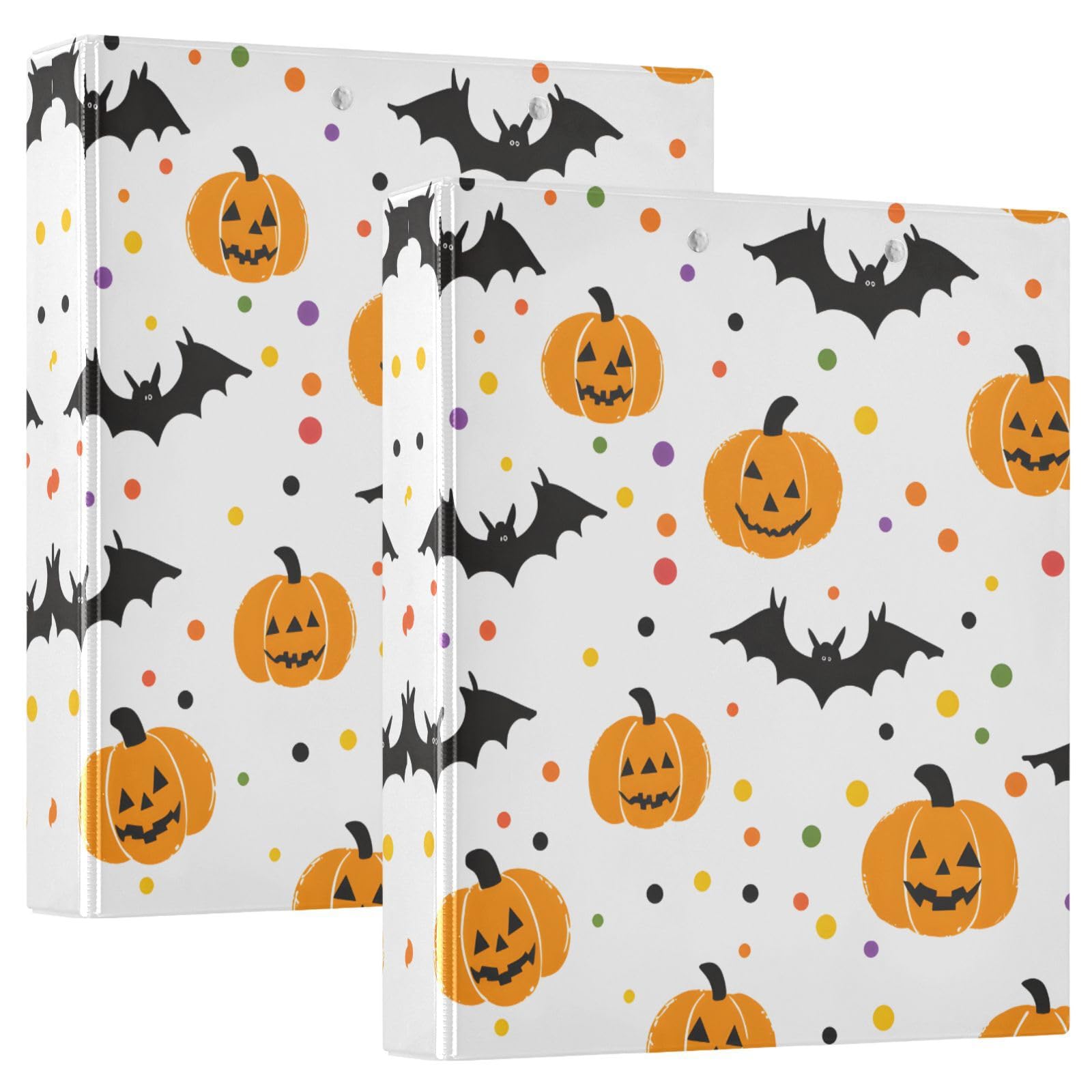 Confezione da 2 raccoglitori a 3 anelli, motivo zucche di Halloween, pipistrelli, puntini, 3,8 cm, con 3 tasche trasparenti, portablocco e contiene 200 fogli, per ufficio, scuola