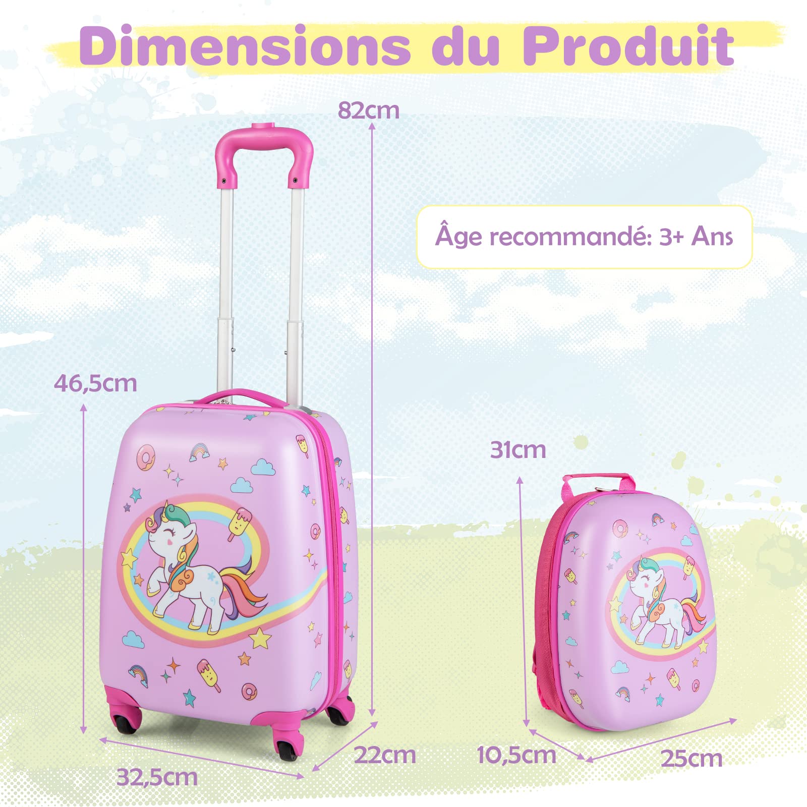 COSTWAY Valise Enfants à roulettes 16’’ & Sac à Dos 12’’ avec Poignée Télescopique, Bagage Enfants avec Motif Voiture d'avion, 4 Roues Rotatives, Lot de 2 Valise pour Fille Garçon(Licorne)