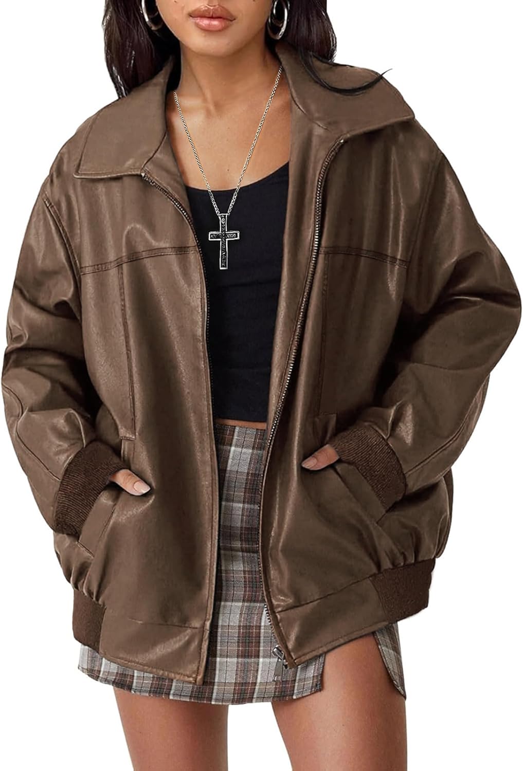 GraceSelect Women's Faux Oversized Leather Jacket Zip Up Motorcycle Bomber Spring Jackets 2026 Vintage Y2K Tops Winter Coats