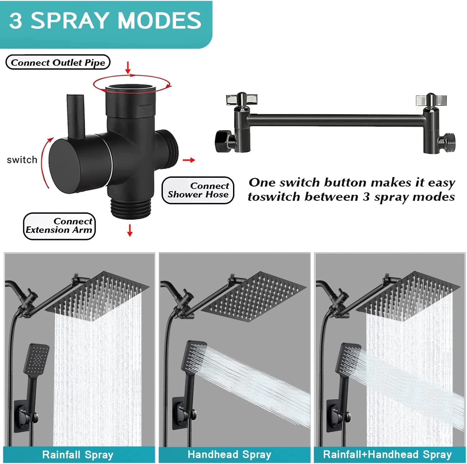 Combo de cabezal de ducha, cabezal de ducha de lluvia de alta presión de 8 pulgadas con brazo de extensión ajustable de 9 pulgadas y 3 ajustes de mano, potente rociador de ducha contra agua de baja