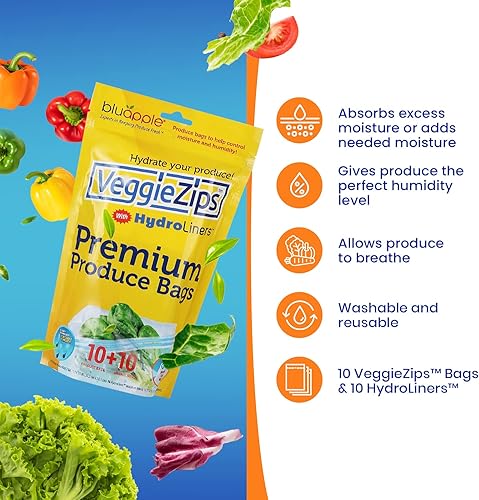 Miniatura 3 de Bluapple VeggieZips Sistema de almacenamiento de productos de alta calidad, juego de 20 piezas, 10 bolsas ahorradoras de alimentos + 10 hidroliners,