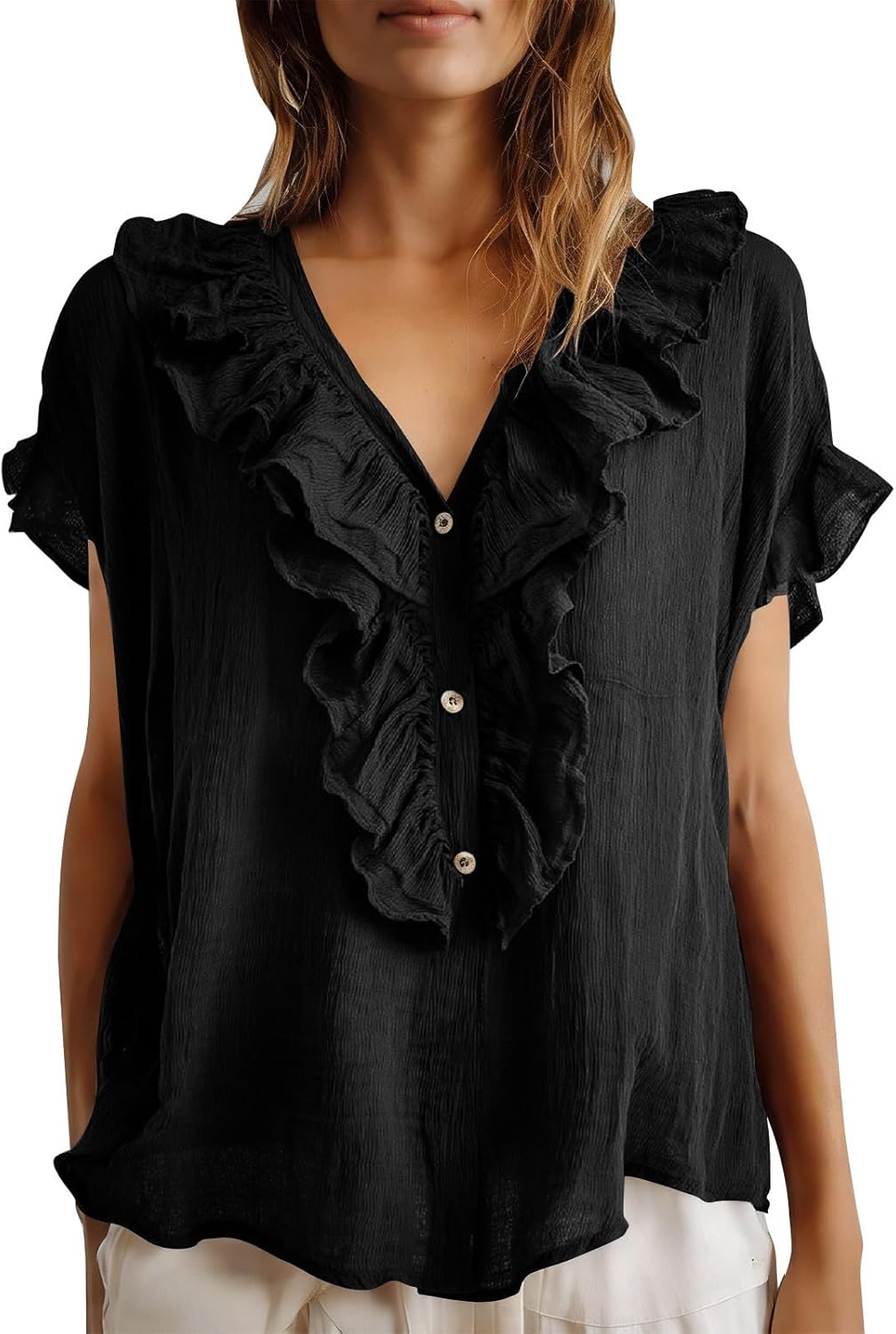 Linen Shirts for Women Ruffle Trim V Neck Top Boho Short Sleeve Summer Blouse Cotton Casual Blouses with Buttons