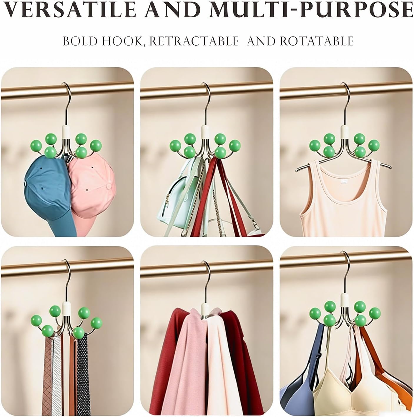 1 Pack 360° Swivel Hoodie Hangers with 6 Cedar Balls, Closet Organizer for Bra, Scarves, Belts, Purse & Accessories Storage-Green