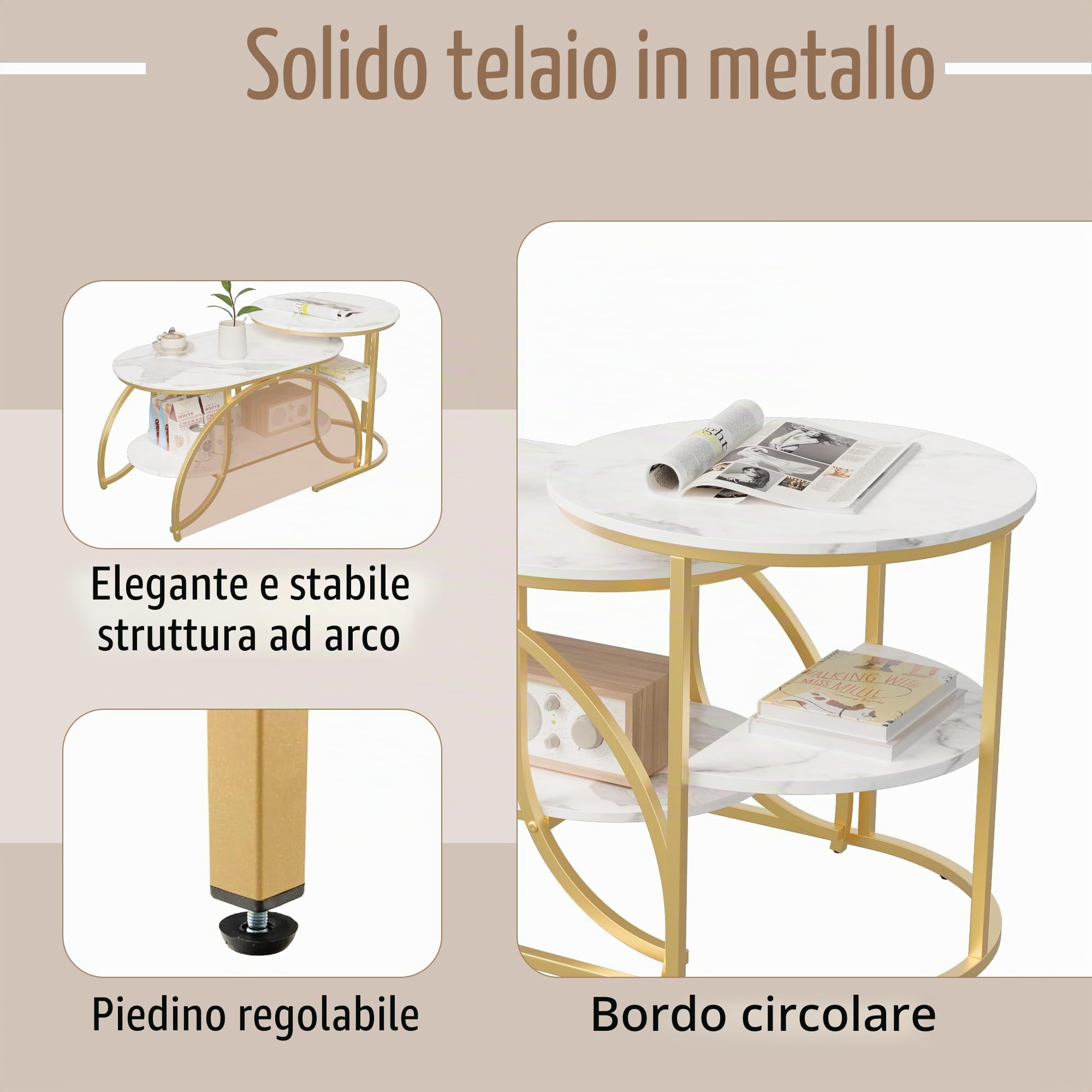 Set di 2 Tavolini da Caffè, Tavolini Sovrapponibili da Salotto Tavolini Rotondi da Caffè Tavolini da Salotto Effetto Marmo Bianco Tavolo Soggiorno Moderno Telaio in Metallo Gambe D'oro (Stile D)