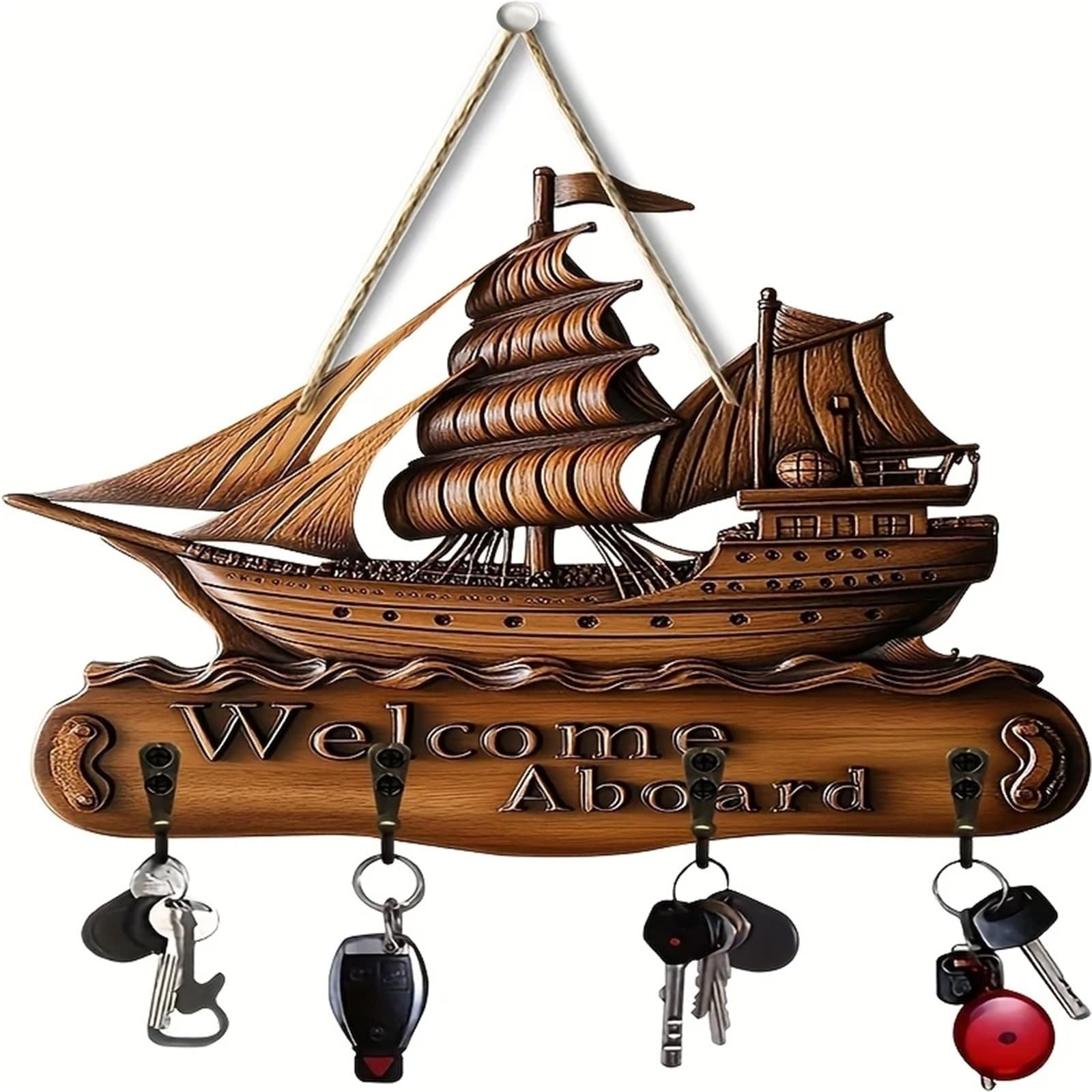 Missffcat 2D Wooden Wall Decor with Hooks – Multifunctional Key Hook, 4 Metal Hooks, 11.75x9.85